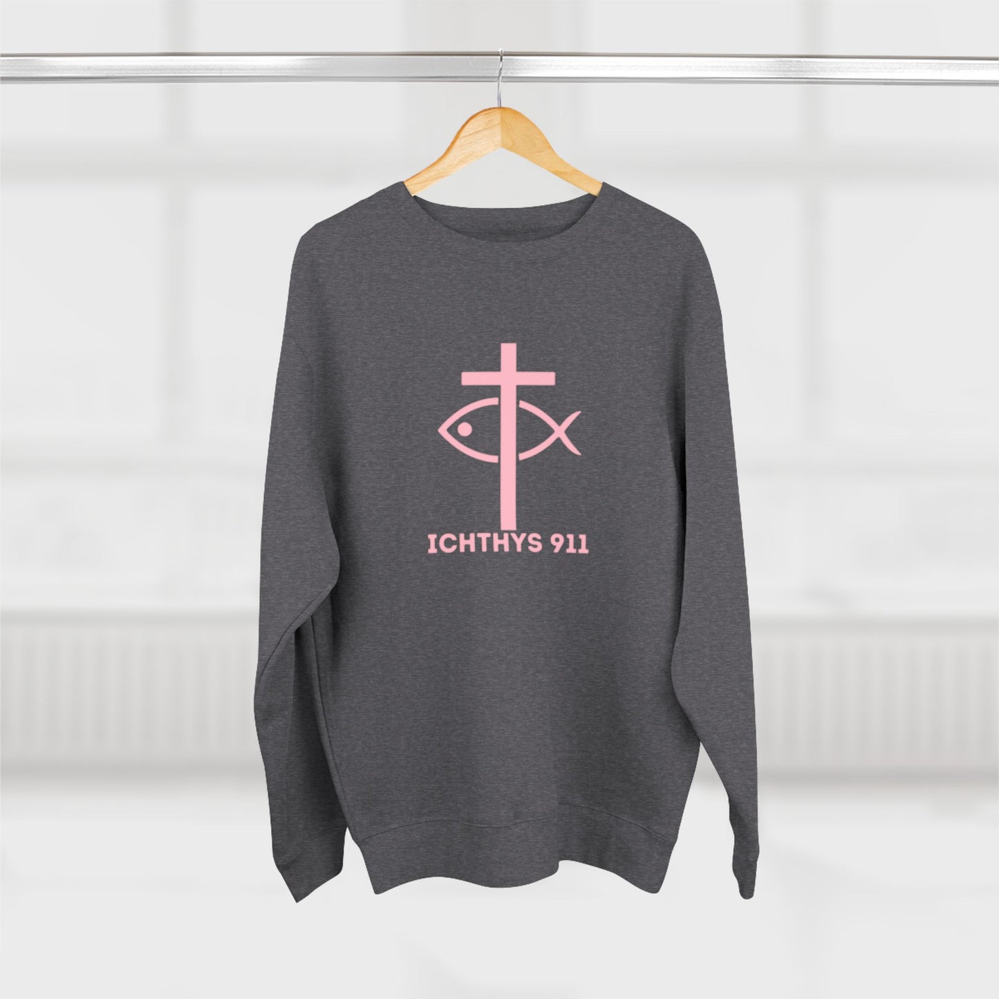 ICHTHYS 911 Minimal Pink Cross Crewneck Sweatshirt — Unisex -