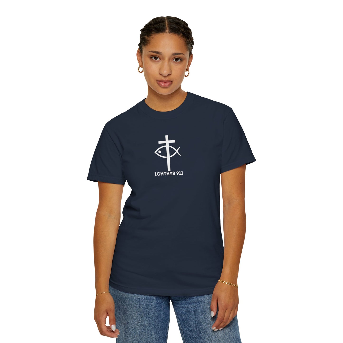 ICHTHYS 911 - White Font "Authentic" - Unisex - Men T-Shirt - Women T-Shirt - Christian Streetwear T-Shirt - Jesus Gym & Faith Fashion, Unisex Garment-Dyed T-Shirt