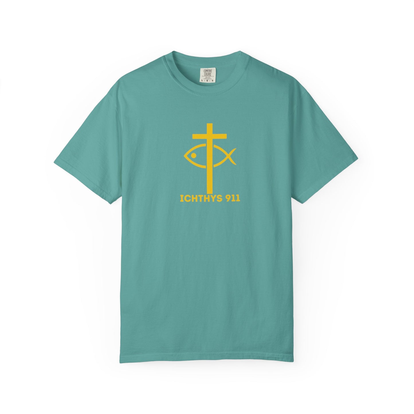 ICHTHYS 911 Gold Font "Faith, Hope, & Love" - Unisex Garment Dyed T-Shirt - 100# US Cotton - Men T-Shirt - Women T-Shirt - Christian T- Shirt -Faith-Inspired Shirt - Christian Fashion - Wear Your Faith