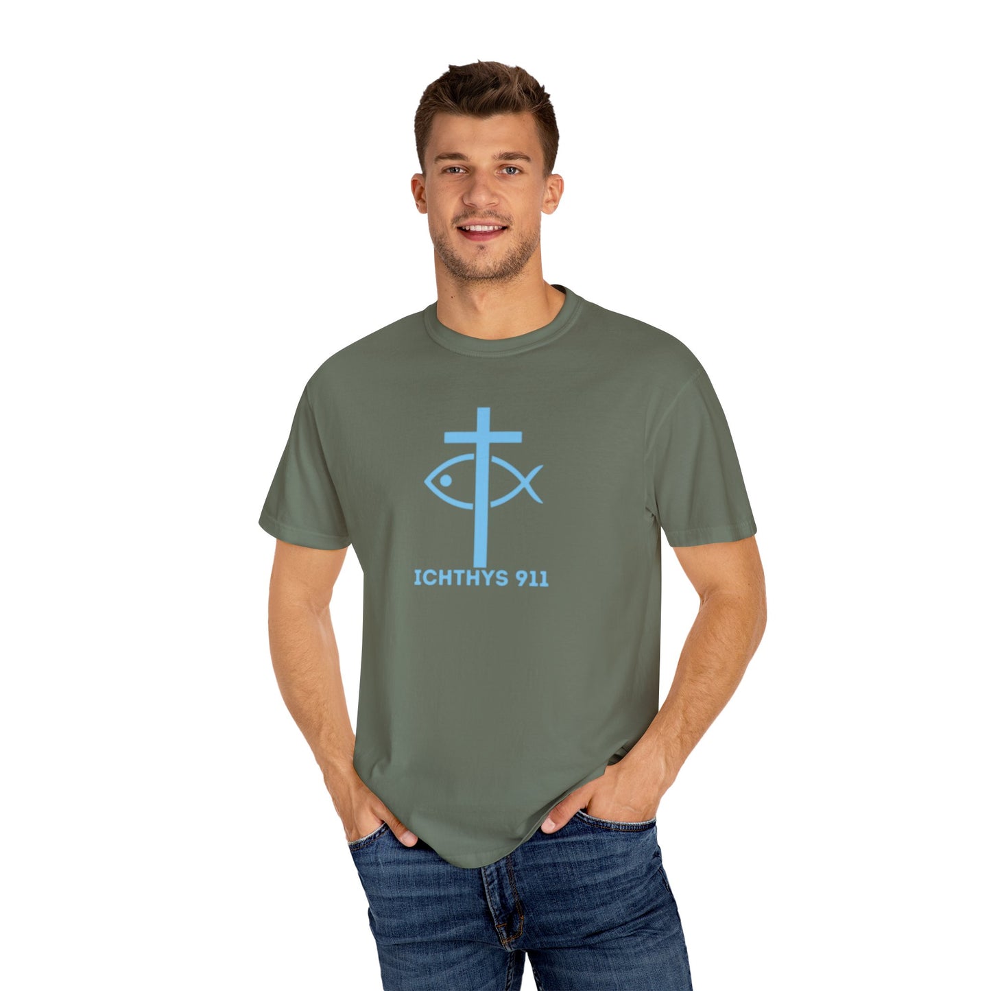 Iēsous Christos, Theou Yios, Sōtēr - Blue Font - Garment-Dyed Unisex T-Shirt - Men T-Shirt - Women T-Shirt - Christian Symbol - Greek - Faith Inspired -Christian Streetwear – Jesus Gym & Faith Fashion, Unisex Garment -ICHTHYS 911 - Additional Colors