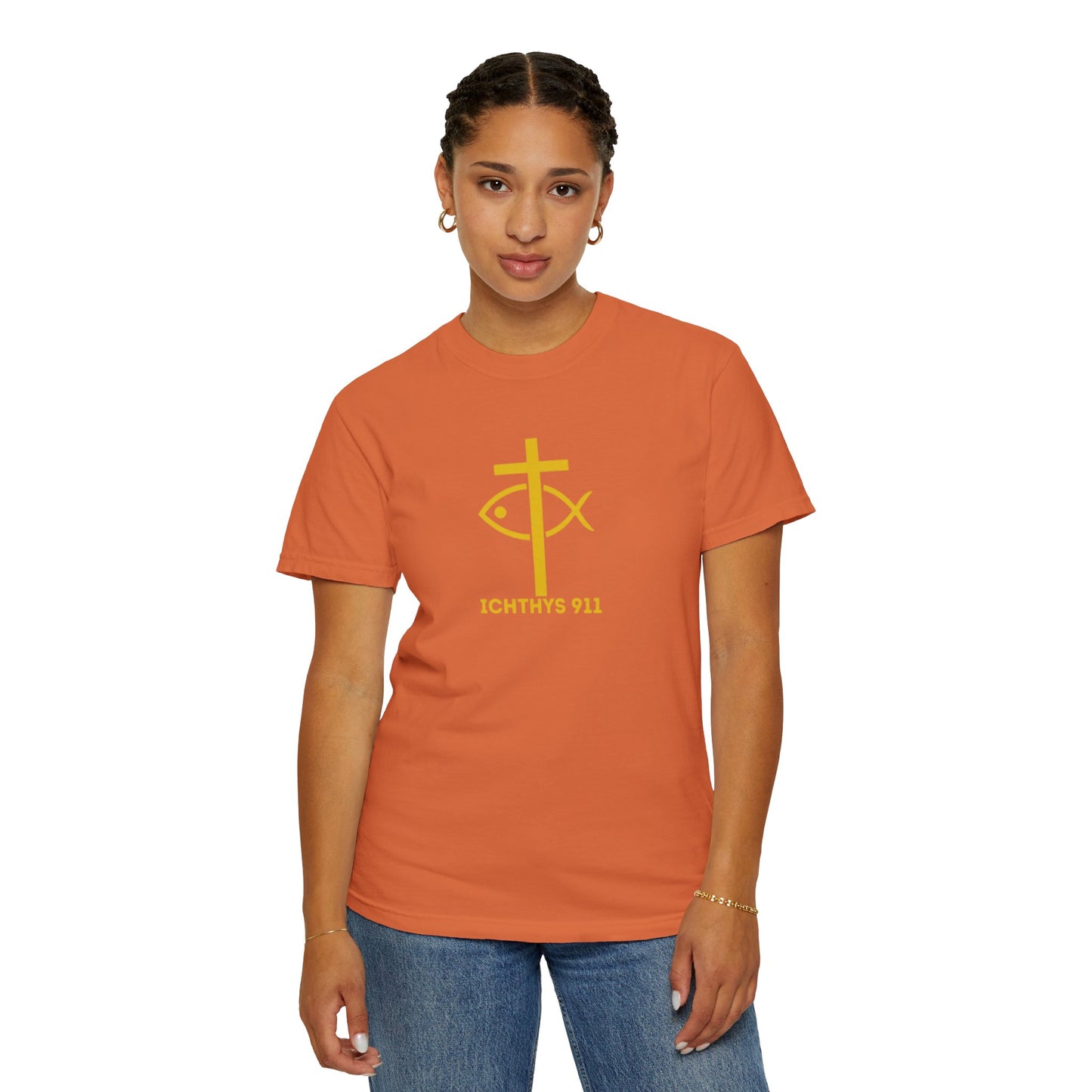 "Jesus Christ Son of God Savior" - Gold Font - Unisex Garment Dyed T- Shirt - Men T-Shirt - Women T-Shirt - Christian Streetwear T-Shirt – Jesus Gym & Faith Fashion,ICHTHYS 911 -