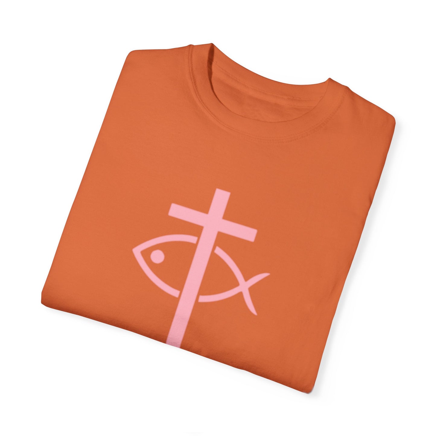 ICHTHYS 911 - Authentic - W/O IC 911 on Back -Christian Streetwear T-Shirt – Jesus Gym & Faith Fashion, Unisex Garment-Dyed T-Shirt Soft Pink Font