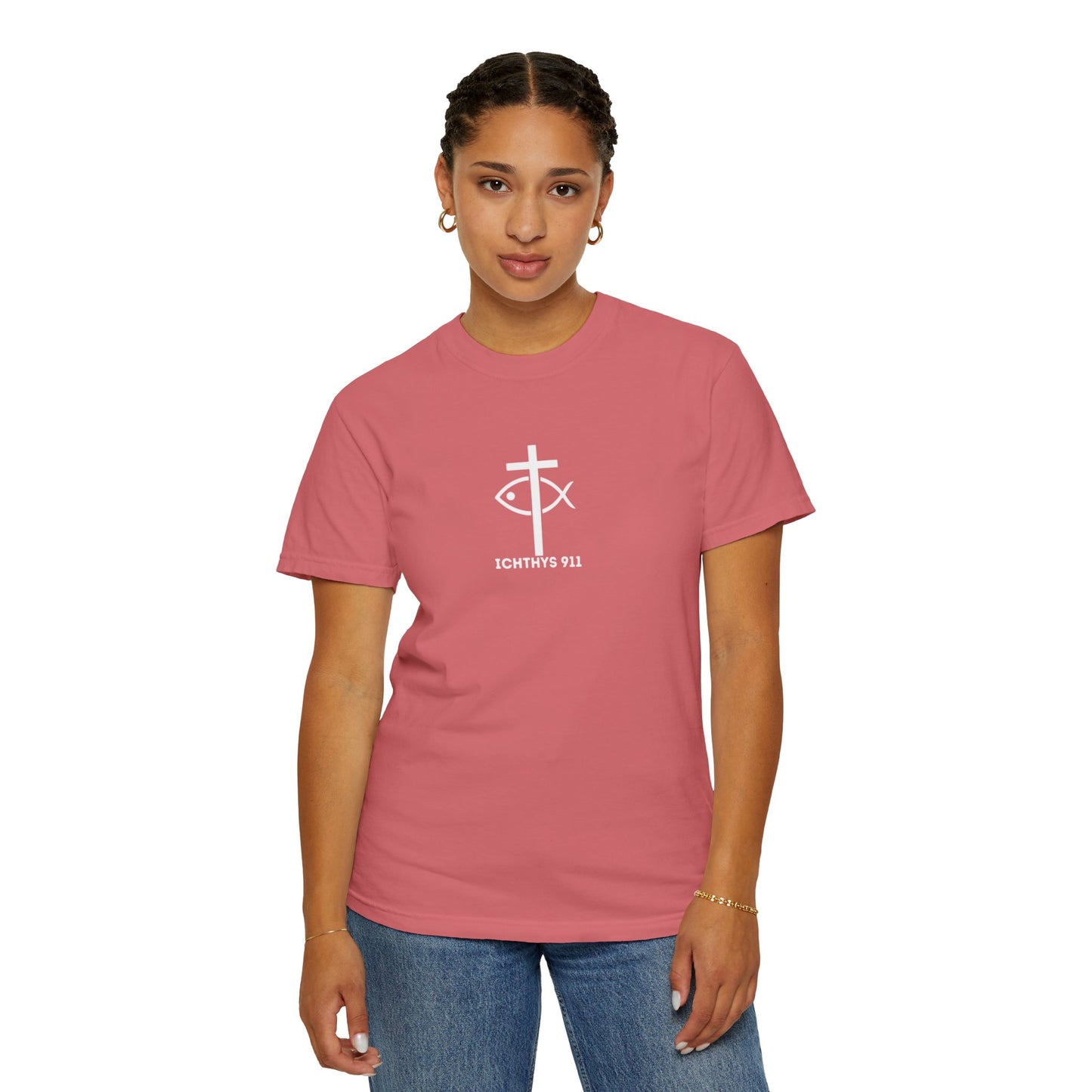 ICHTHYS 911 - White Font "Faith, Hope, & Love" - Garment Dyed - 100% US Cotton - Unisex T-Shirt - Men T-Shirt - Christian Women Tee - Faith-Inspired Shirt - Christian Fashion - Wear Your Faith - Additional Colors