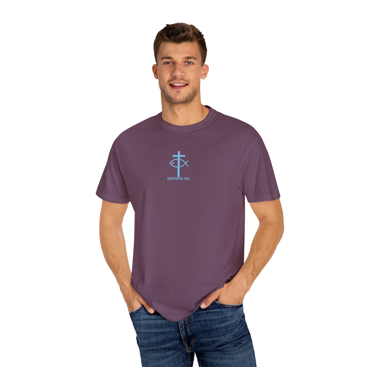 ICHTHYS 911 - Blue Font - Vendor - "Iēsous Christos, Theou Yios, Sōtēr" - Garment-Dyed Unisex T-Shirt - Men T-Shirt - Women T-Shirt - Christian Symbol - Greek - Faith Inspired -Christian Streetwear – Jesus Gym & Faith Fashion, Unisex Garment
