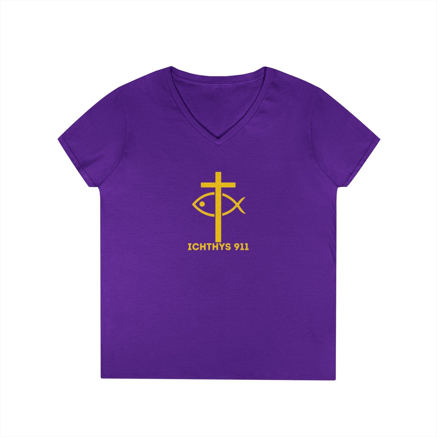 God Sees The Heart Gold Font Women’s Faith-Inspired V-Neck T-Shirt - ICHTHYS 911 Design911 Design