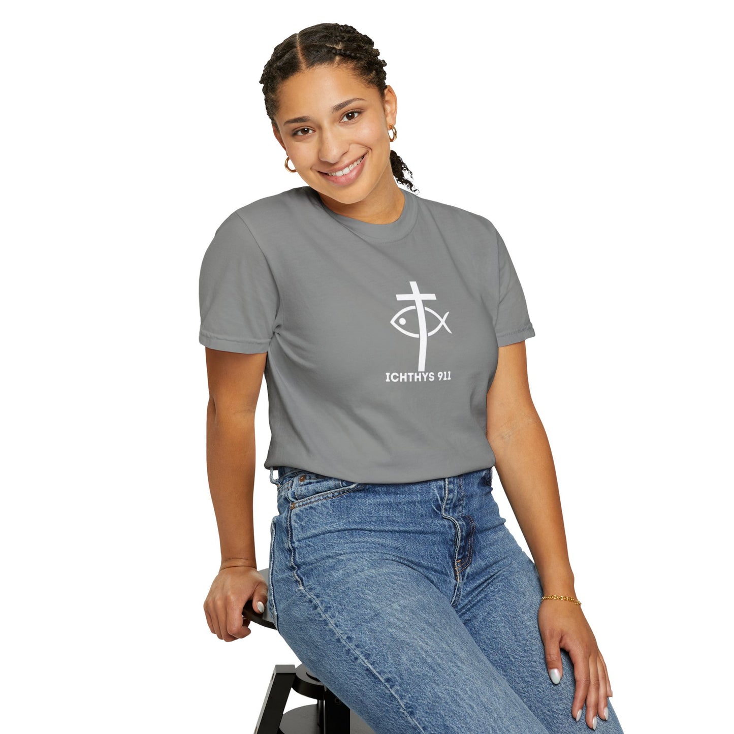 ICHTHYS 911 - 13th Disciple Collection - Christian Streetwear T-Shirt / Sweatshirt – Jesus Gym & Faith Fashion, Unisex Garment-Dyed T-Shirt White Font