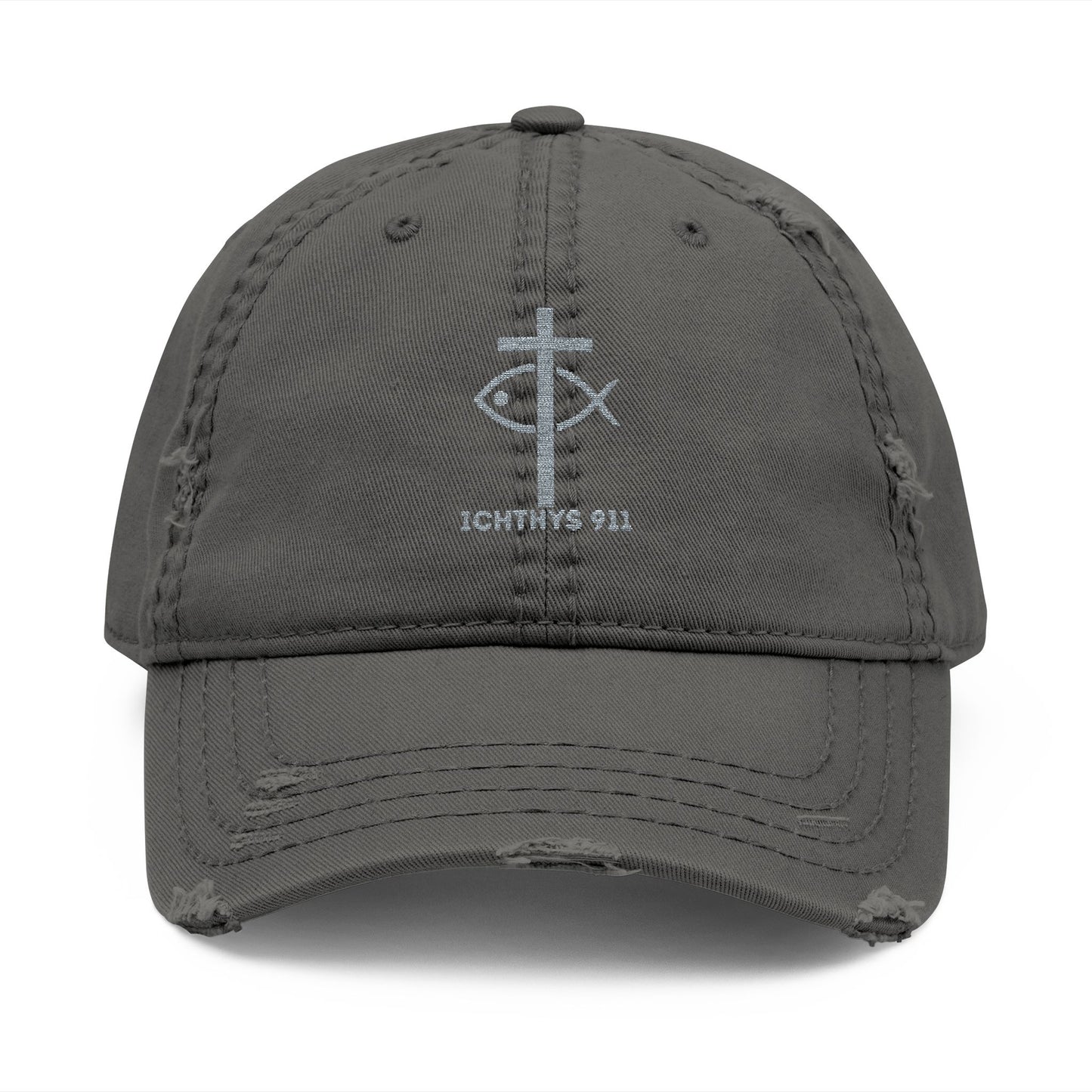 ICHTHYS 911 Embroidered Design - Distressed Hat with Casual Fashion - Accessory for Everyday Wear - ICHTHYS 911 Collection - This hat is very soft - Short stance - Everyone is loving this hat