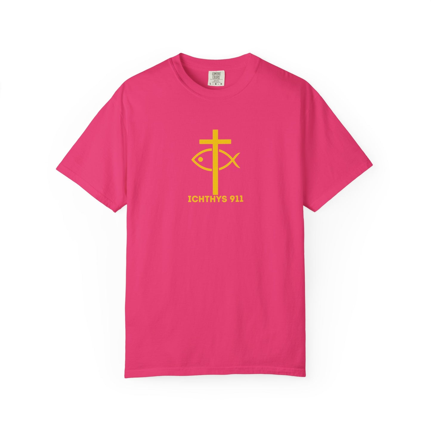 ICHTHYS 911 - "God Sees the Heart" Reverse' Gold Font - Unisex Garment - Dyed T-Shirt - 100% US Cotton - Men T-Shirt - Women T-Shirt - Inspirational Graphic T-Shirt for Everyday Motivation