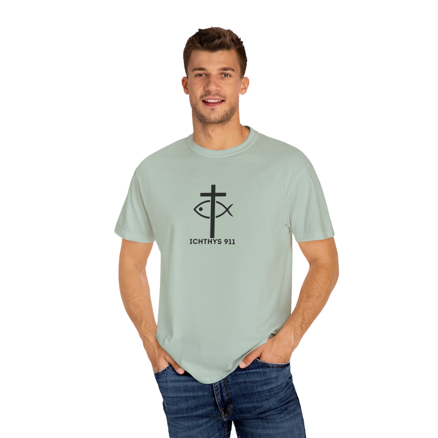 ICHTHYS 911 - Black Font - "Faith & Strength" - Unisex Garment - Dyed T-Shirt - Inspirational Graphic T-Shirt for Everyday Motivation - 100% US cotton - Men T-Shirt - Women T-Shirt