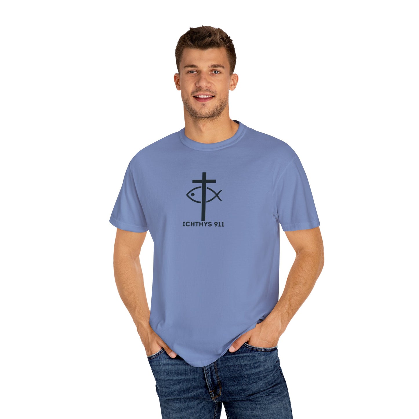 ICHTHYS 911 - Black Font "Faith Driven" - Unisex Garment Dyed T - Shirt - 100% US Cotton -  Men - T - Women T-Shirt - Christian Inspirational Tee - Garment Dyed