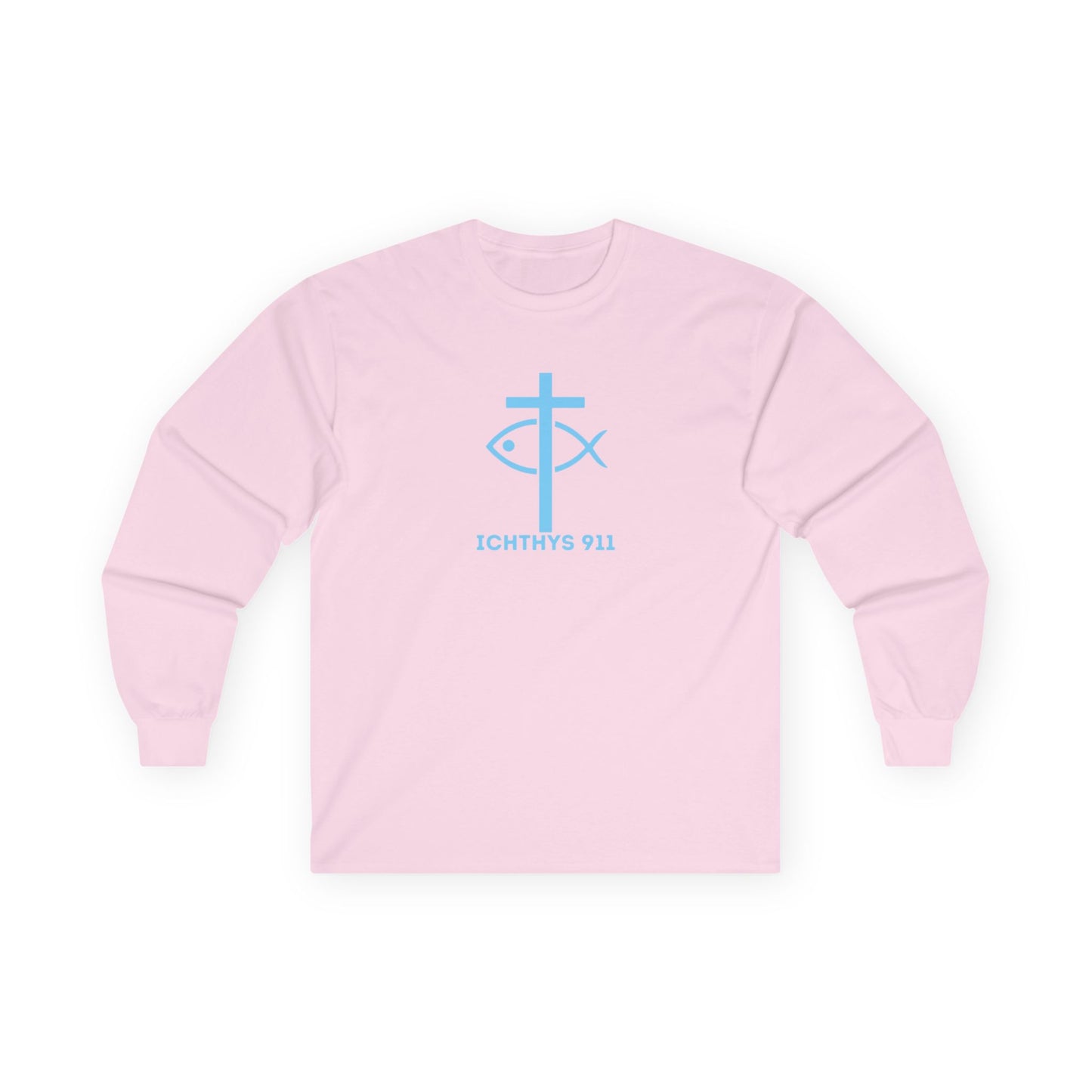 Strength Through Christ Philippians 4:13 - Blue Font - Unisex Shirt - Men - Women - Christian Activewear - Wear Your Faith Long Sleeve Tee - ICHTHYS 911