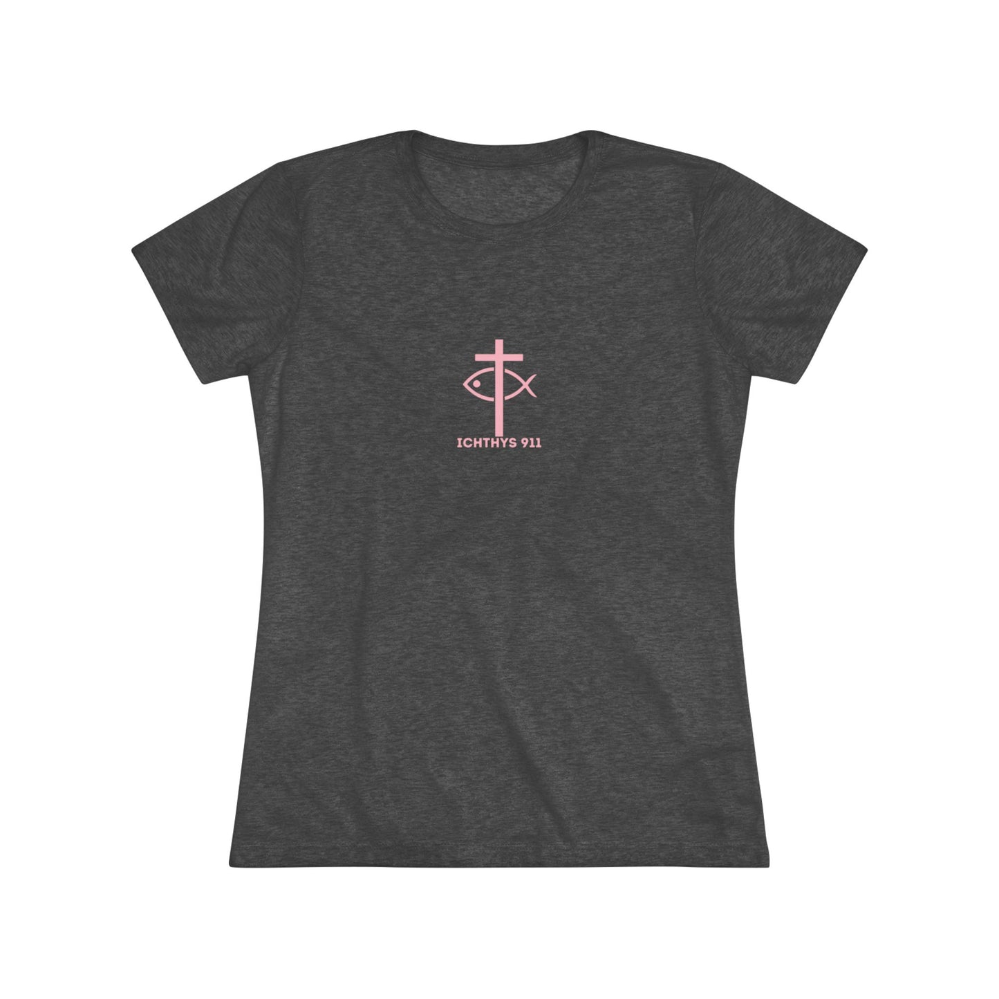 ICHTHYS 911 "IC Round Collection" Pink Font - Inspirational Women's Triblend Tee - Women T-Shirt - 50% polyester, 25% cotton, 25% ryaon