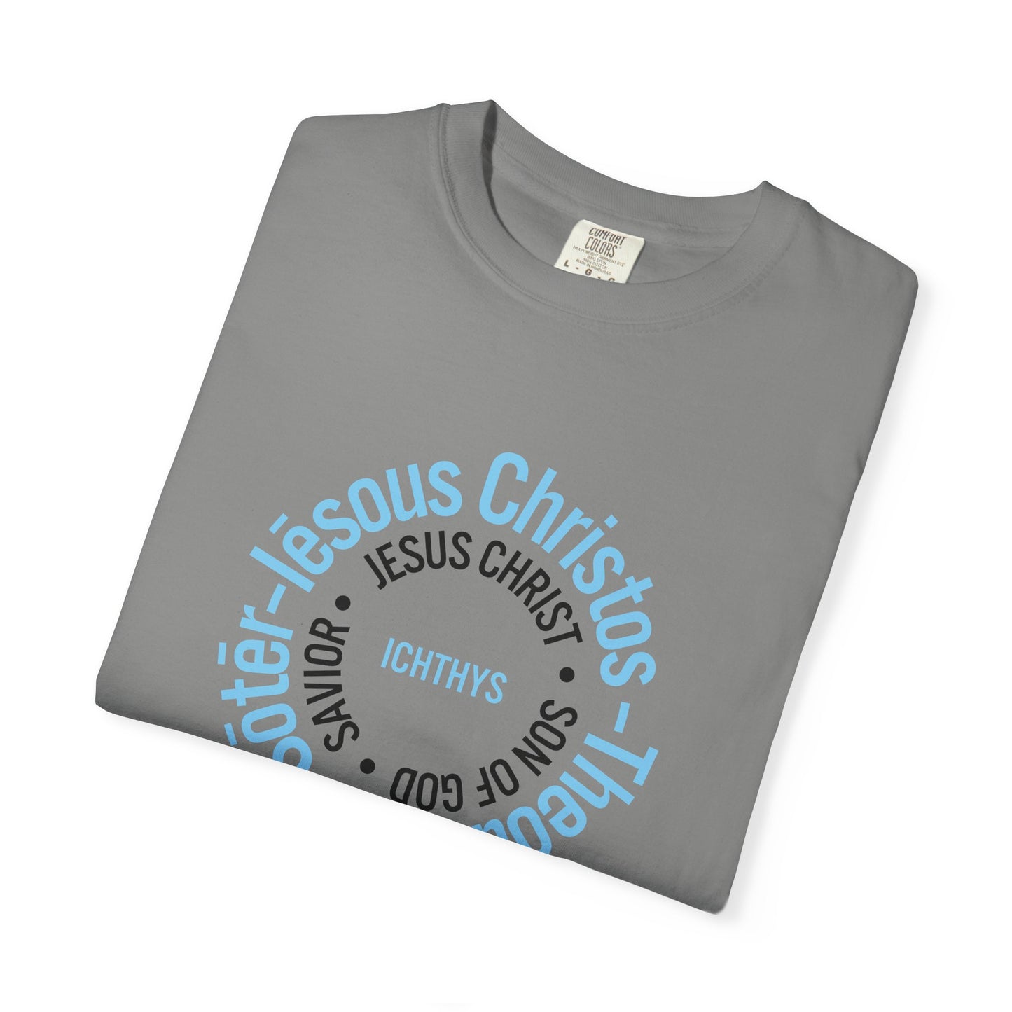 ICHTHYS 911 Blue Font "Iēsous Christos, Theou Yios, Sōtēr" - Reverse - Collection - Unisex - Christian Graphic Tee - Gym - T - Christian Faith - Jesus Wear - Women T-Shirt - Men T-Shirt