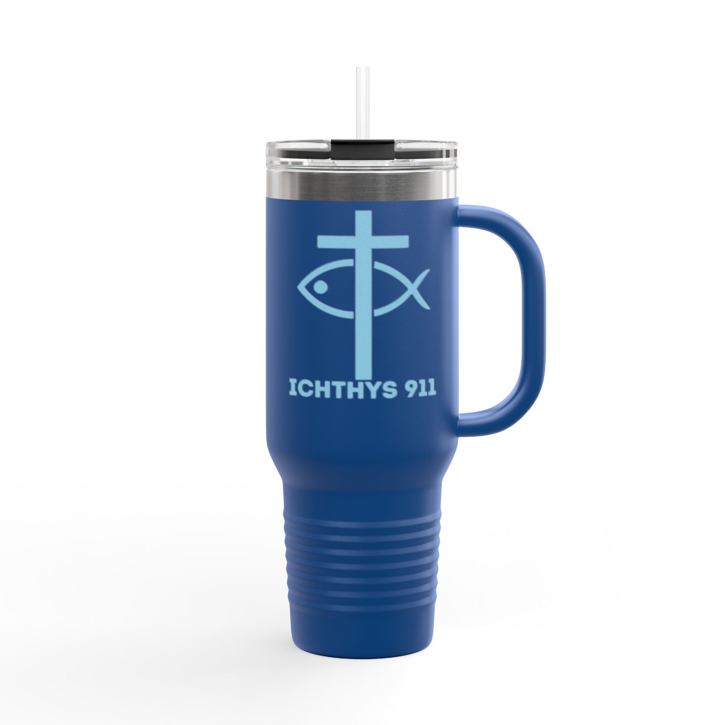 Faith-Inspired Insulated Travel Mug - 40oz with ICHTYS 911 Design