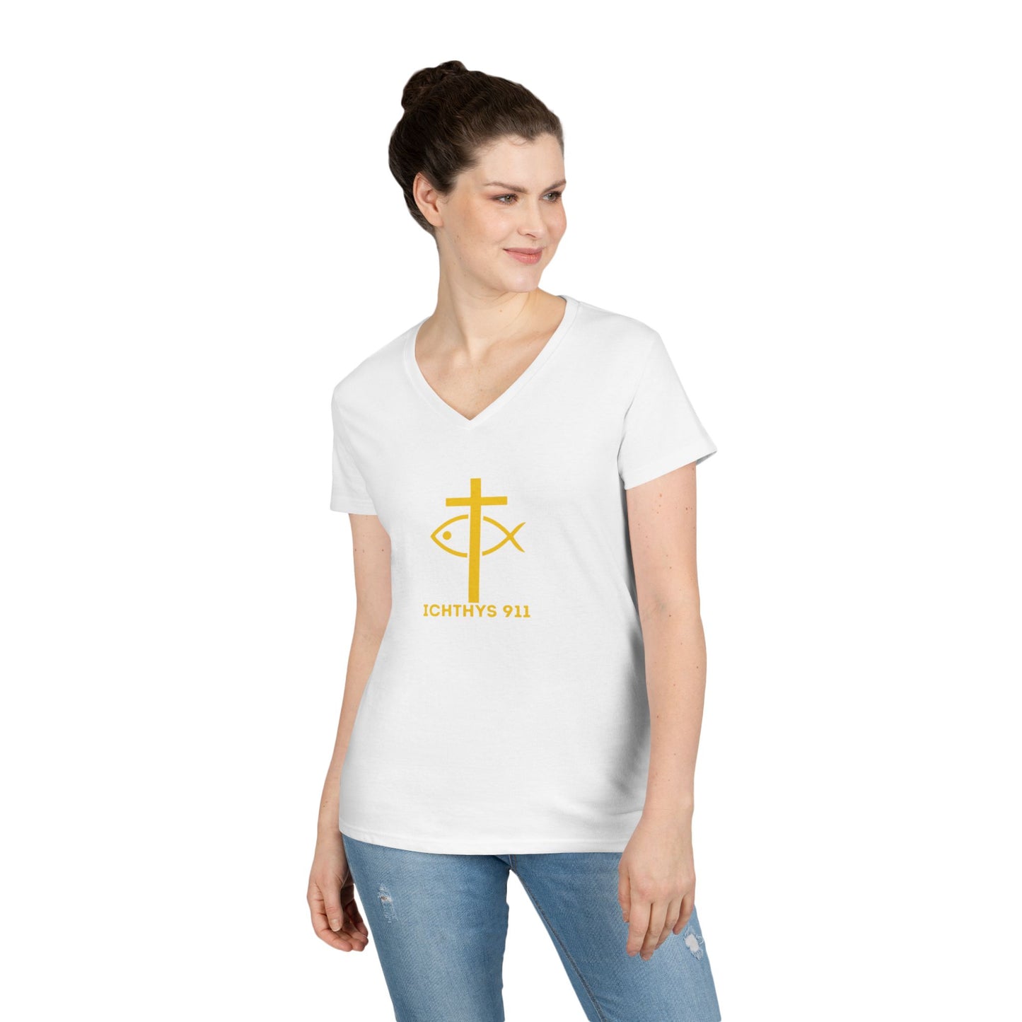 God Sees The Heart Gold Font Women’s Faith-Inspired V-Neck T-Shirt - ICHTHYS 911 Design911 Design