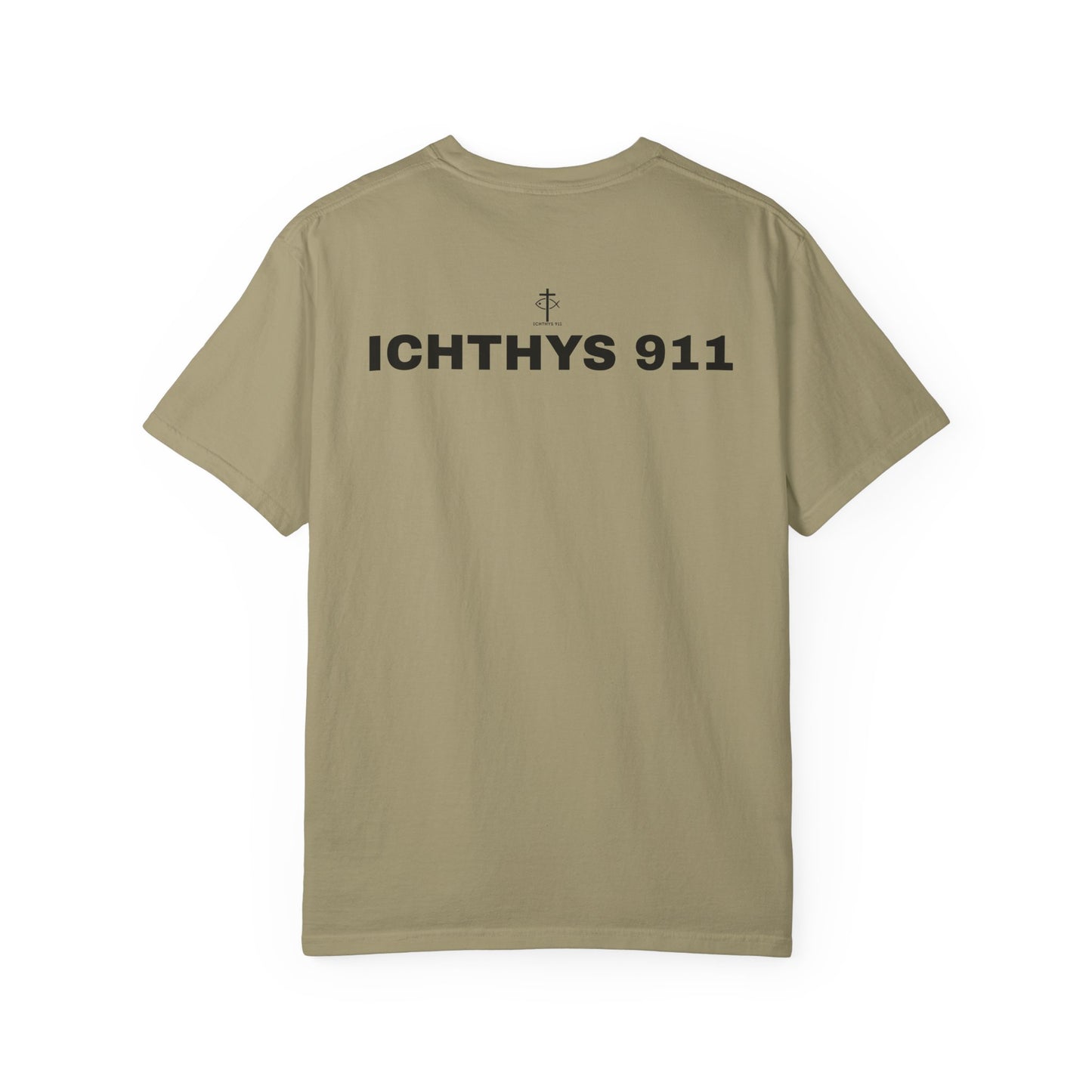 ICHTHYS 911 - Authentic - Christian Streetwear T-Shirt – Jesus Gym & Faith Fashion - Men T-Shirt - Women T-Shirt -Unisex Garment-Dyed T-Shirt Black Font