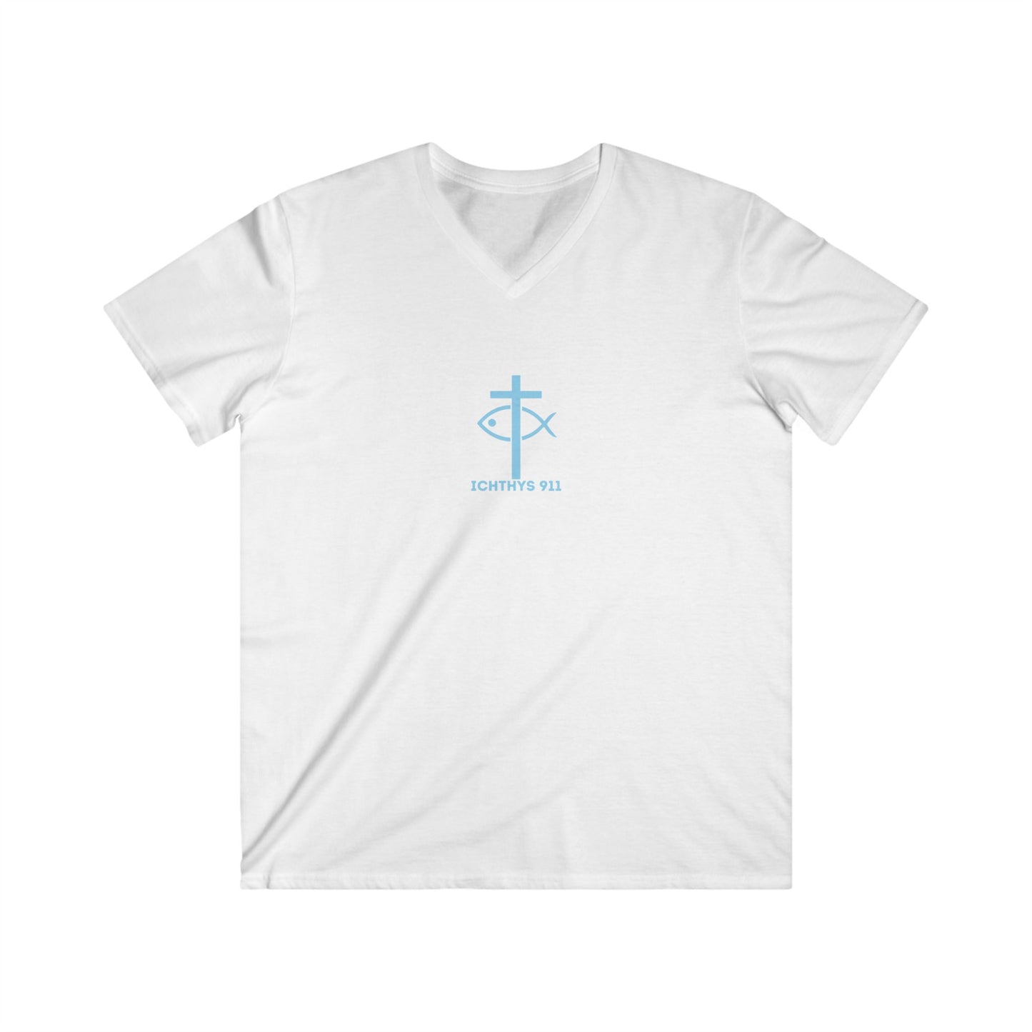 ICHTHYS 911 - Blue Font - "Iēsous Christos, Theou Yios, Sōtēr" - Men's Fitted V-Neck Tee with Inspirational Design - Perfect for Faith and Casual Wear