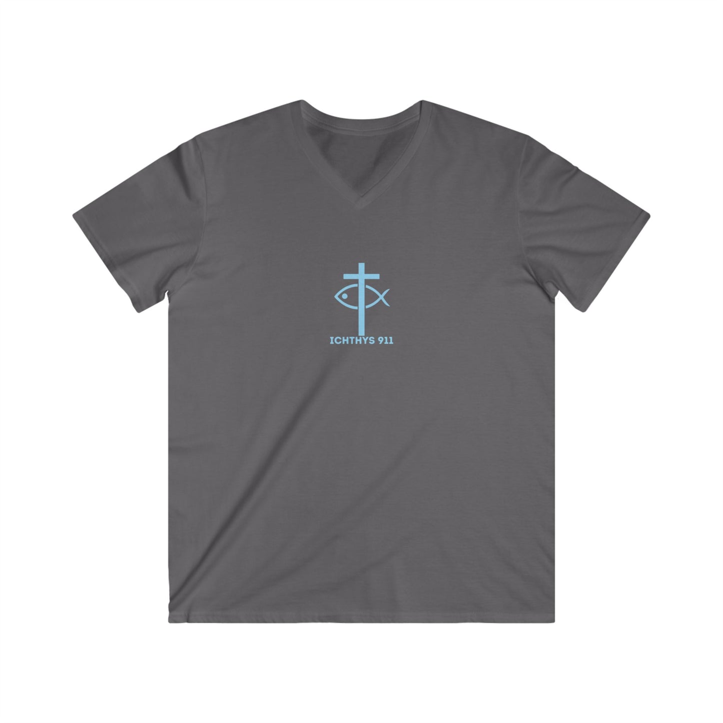 ICHTHYS 911 - Blue Font - "Iēsous Christos, Theou Yios, Sōtēr" - Men's Fitted V-Neck Tee with Inspirational Design - Perfect for Faith and Casual Wear