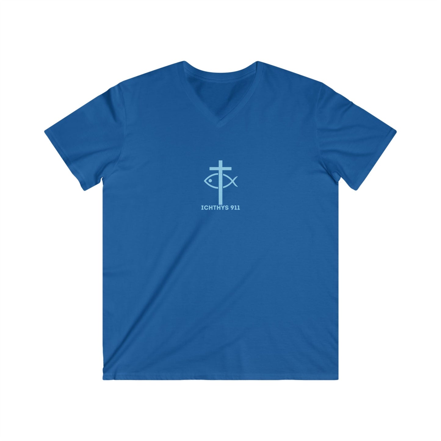 ICHTHYS 911 - Blue Font - "Iēsous Christos, Theou Yios, Sōtēr" - Men's Fitted V-Neck Tee with Inspirational Design - Perfect for Faith and Casual Wear