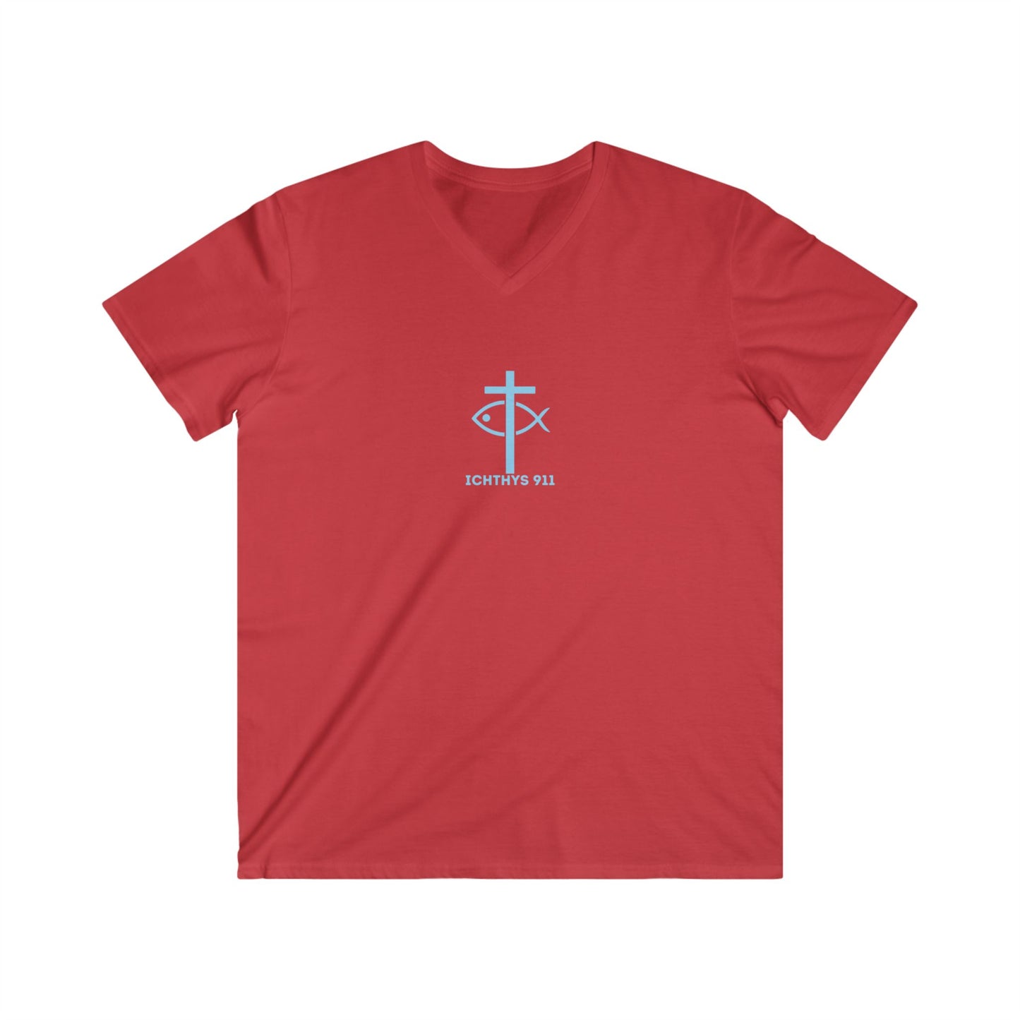 ICHTHYS 911 - Blue Font - "Iēsous Christos, Theou Yios, Sōtēr" - Men's Fitted V-Neck Tee with Inspirational Design - Perfect for Faith and Casual Wear