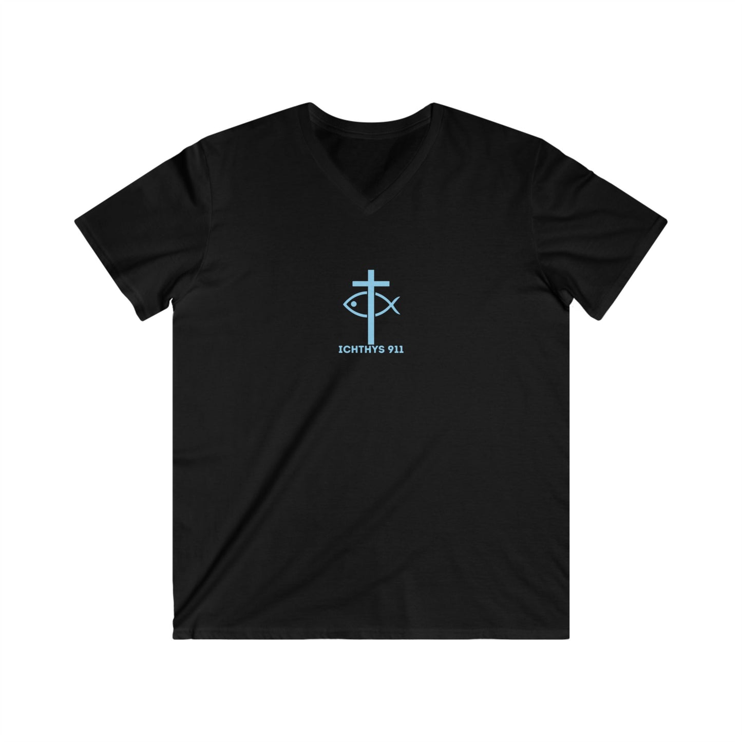 ICHTHYS 911 - Blue Font - "Iēsous Christos, Theou Yios, Sōtēr" - Men's Fitted V-Neck Tee with Inspirational Design - Perfect for Faith and Casual Wear
