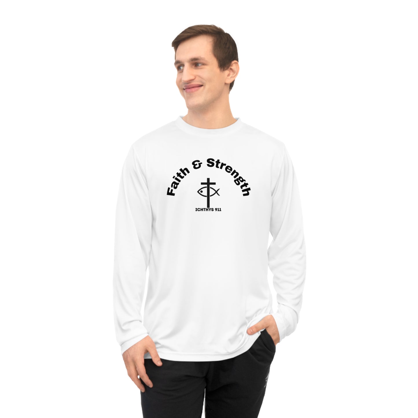 ICHTHYS 911 "Faith & Strength" - Reverse - Unisex Performance Long Sleeve Shirt - ICHTHYS 911 Christian Activewear - 100% Moisture-Wicking Poly - UPF 30+ - Men Shirt - Women Shirt