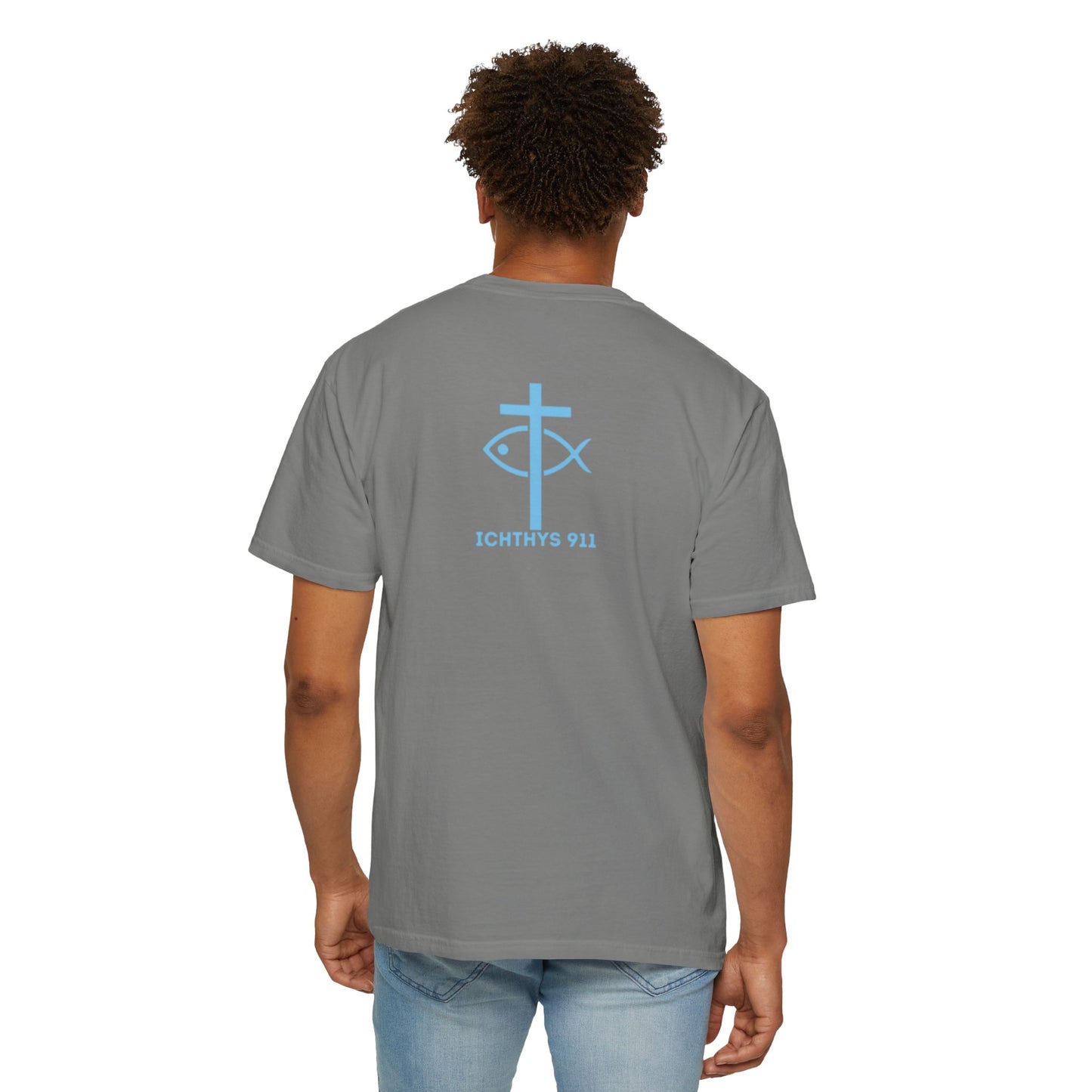 ICHTHYS 911 Blue Font "Iēsous Christos, Theou Yios, Sōtēr" - Reverse - Collection - Unisex - Christian Graphic Tee - Gym - T - Christian Faith - Jesus Wear - Women T-Shirt - Men T-Shirt