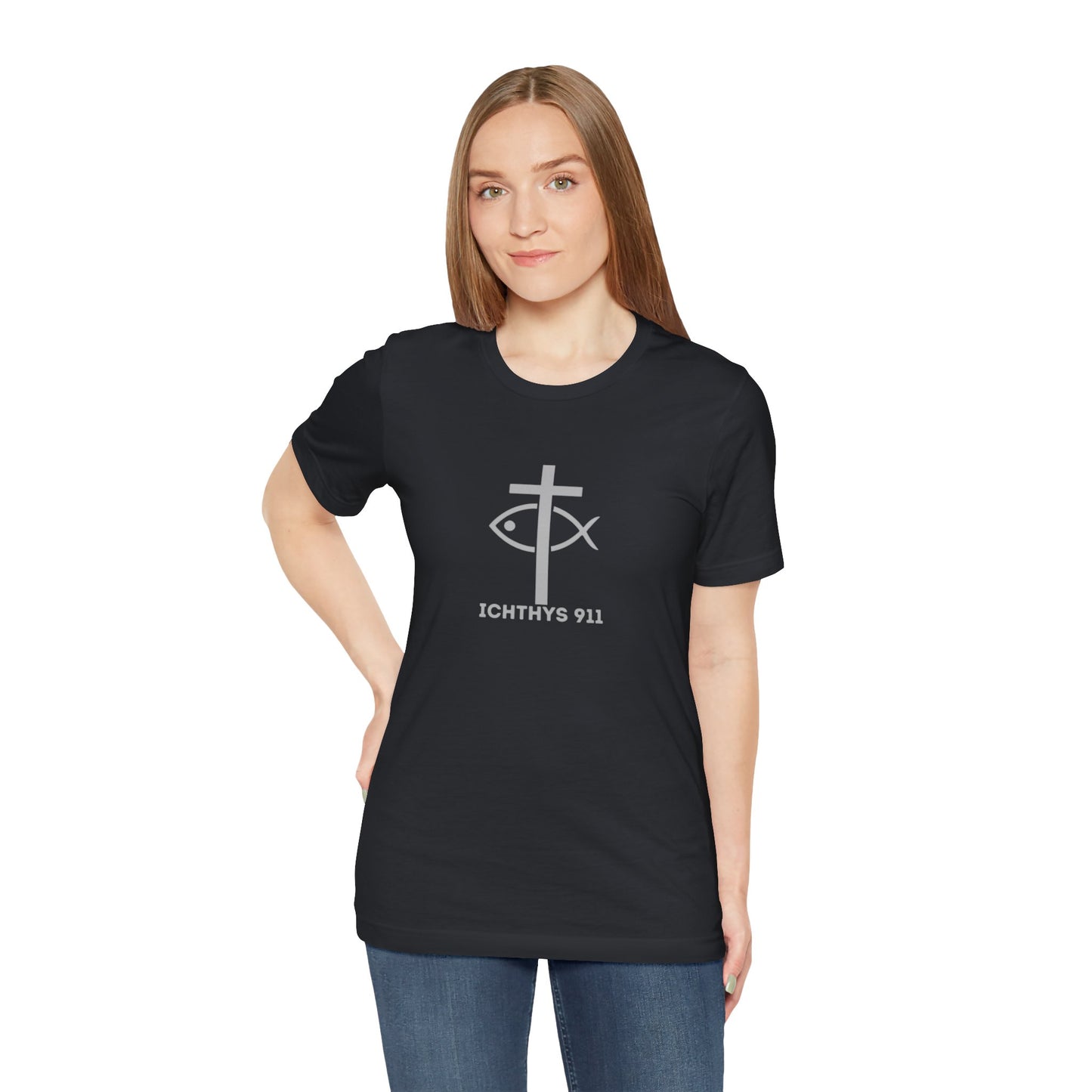 ICHTHYS 911 - "Roll With God Ride With Jesus" - Silver Font - Unisex T- Shirt - Lightweight 100% Cotton - Summer T - Arm Form Fitting - Men T- Shirt - Women T-Shirt - Christian T-Shirt