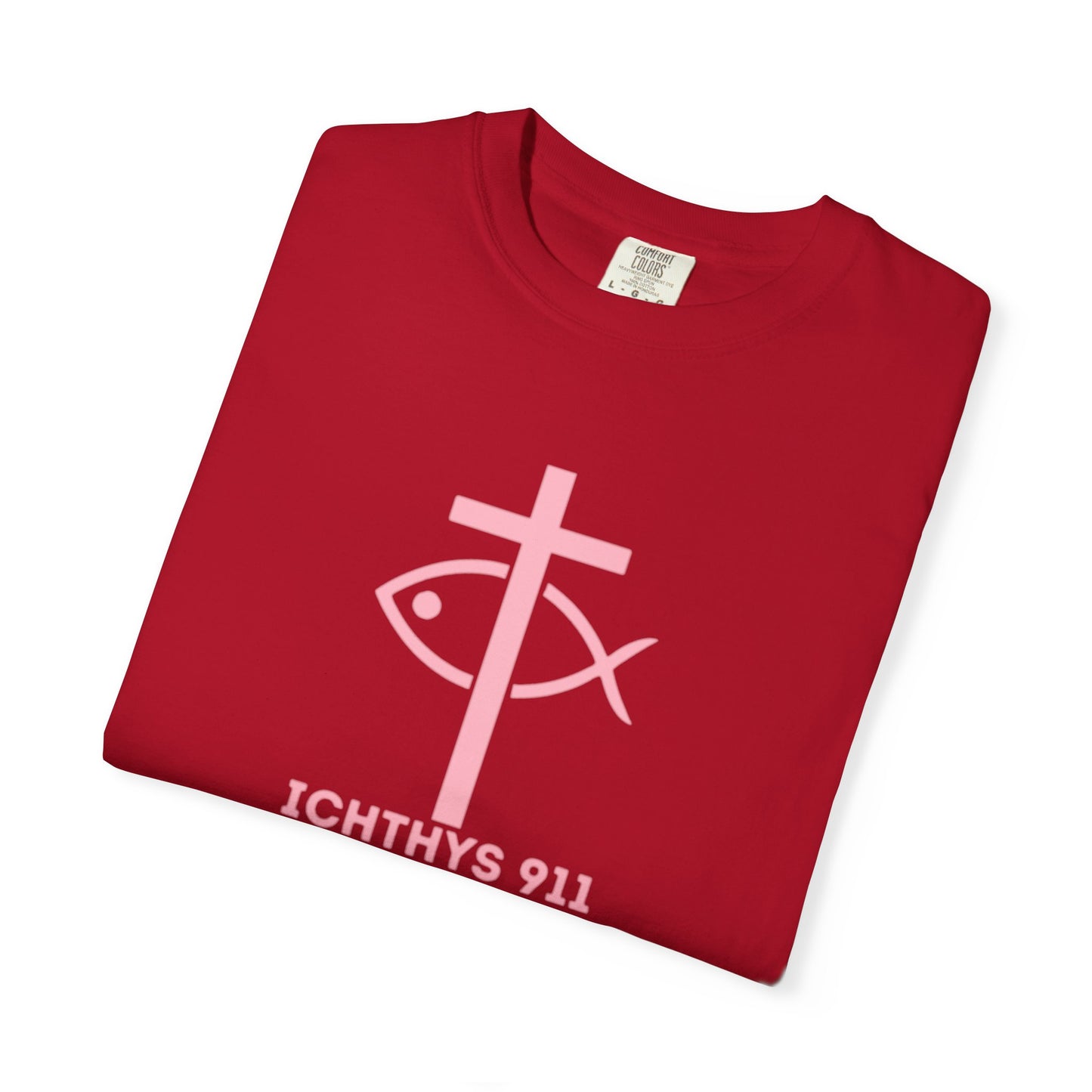 ICHTHYS 911 - Authentic - Christian Streetwear T-Shirt – Jesus Gym & Faith Fashion, Unisex Garment-Dyed T-Shirt Soft Pink Font