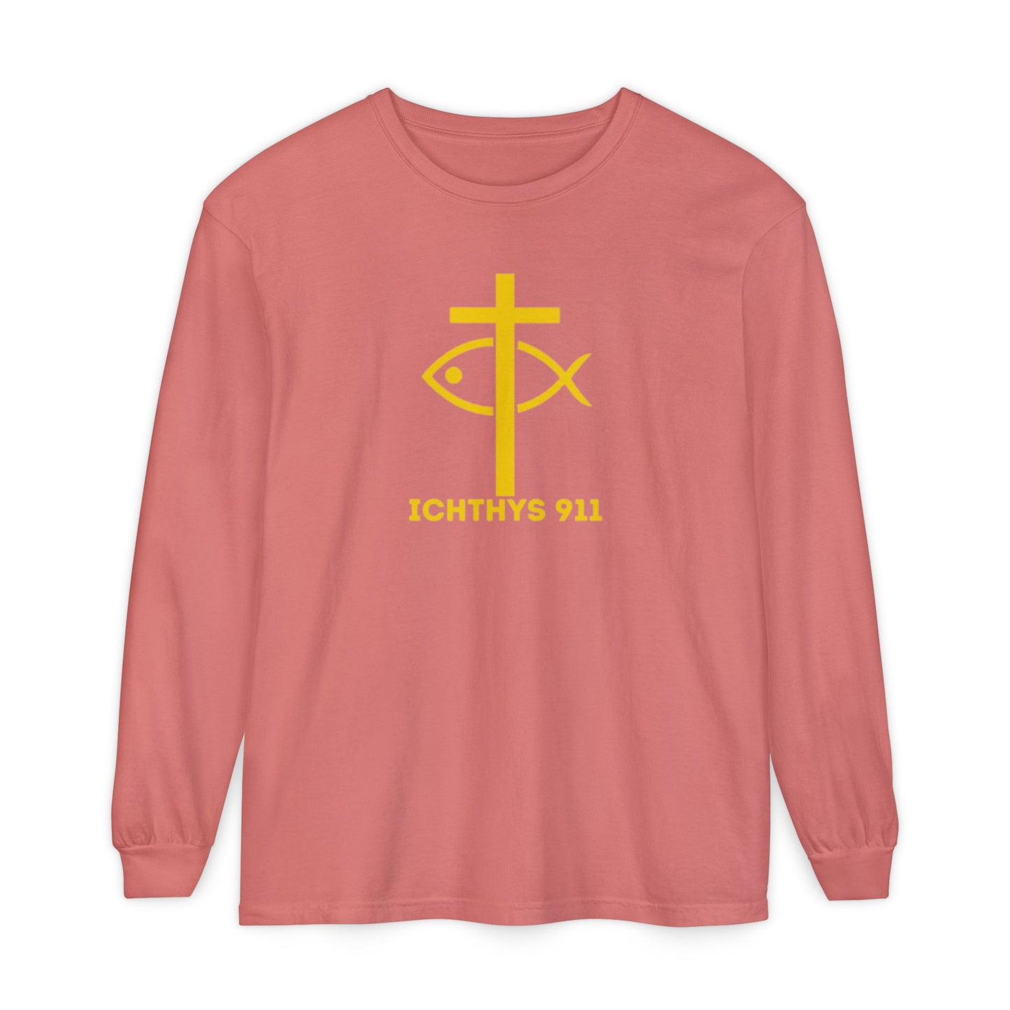 Authentic ICHTHYS 911 Collection -  Gold Font - Unisex Garment Dyed Long Sleeve T-Shirt - Men Long Sleeve - Women Long Sleeve - Christian Faith Symbol Tee - Faith Inspired