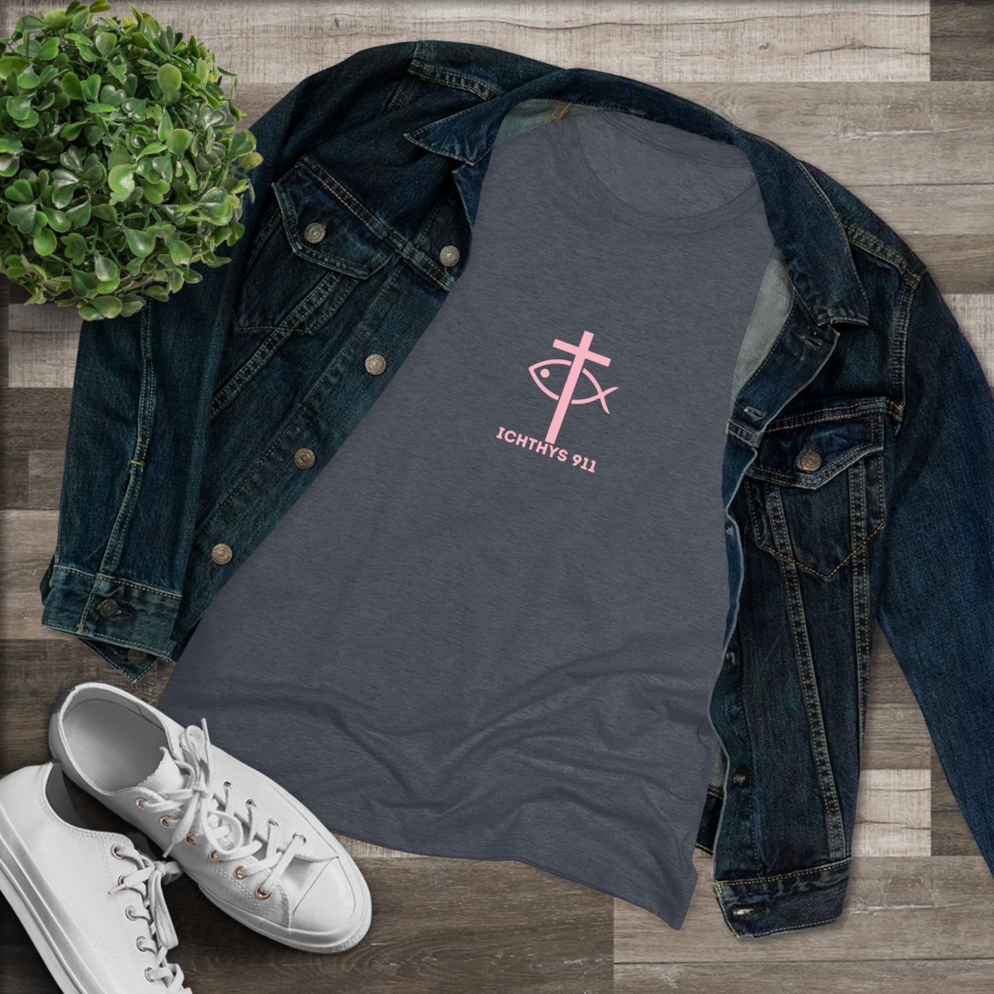 ICHTHYS 911 "IC Round Collection" Pink Font - Inspirational Women's Triblend Tee - Women T-Shirt - 50% polyester, 25% cotton, 25% ryaon