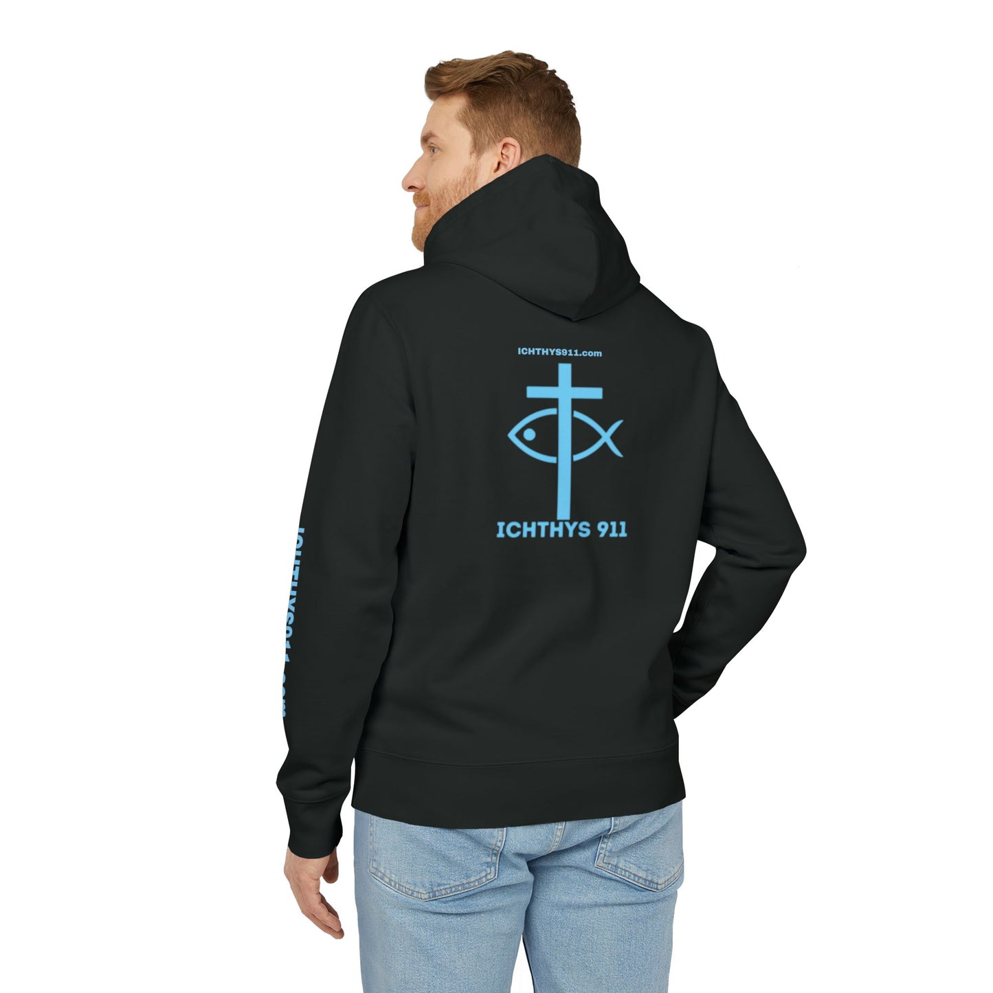 ICHTHYS 911 Hoodie - JESUS Fish - Blue Font - Faith Fashion - Unisex - Make Font Color Design requests -100% Organic -