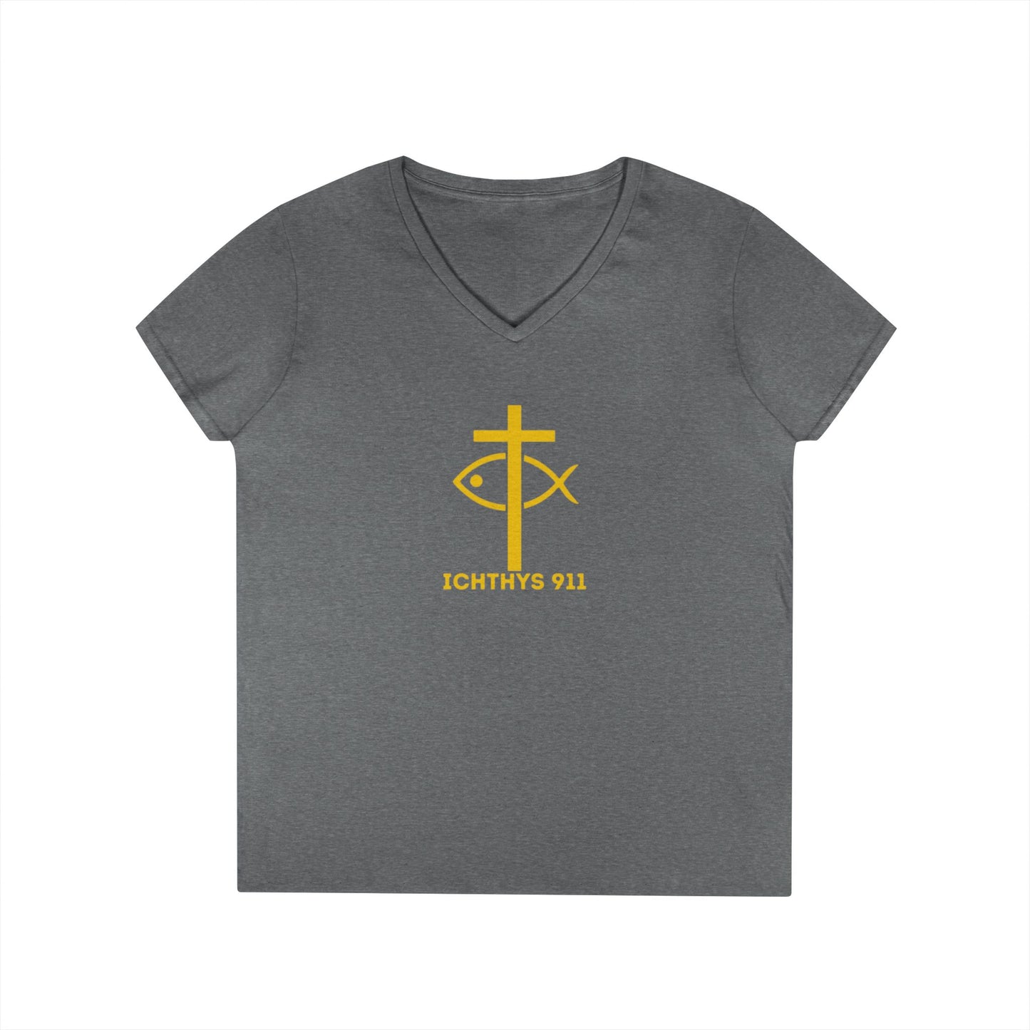 God Sees The Heart Gold Font Women’s Faith-Inspired V-Neck T-Shirt - ICHTHYS 911 Design911 Design