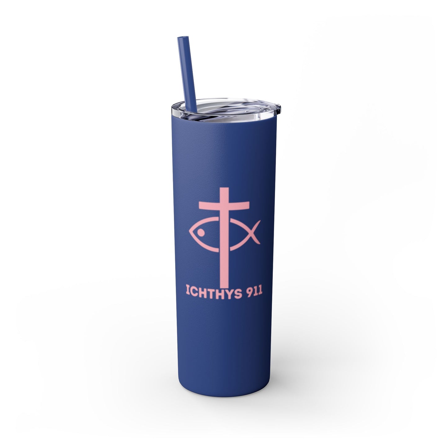 ICHTHYS 911 Pink & Blue Faith-Inspired Skinny Tumbler with Straw - 20oz Baby Shower Drip - Party Favor