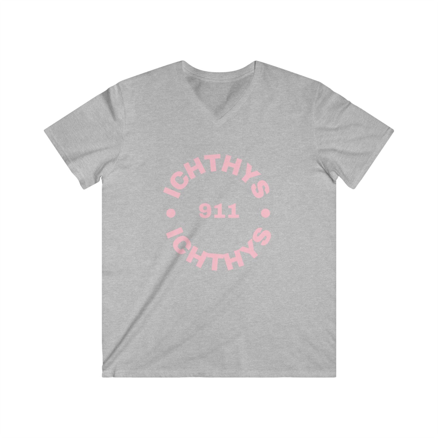 ICHTHYS 911 - Authentic Round Collection - Men's Fitted V-Neck Short Sleeve T - Shirt - Faith-Inspired - Christian Faith - Pink Font