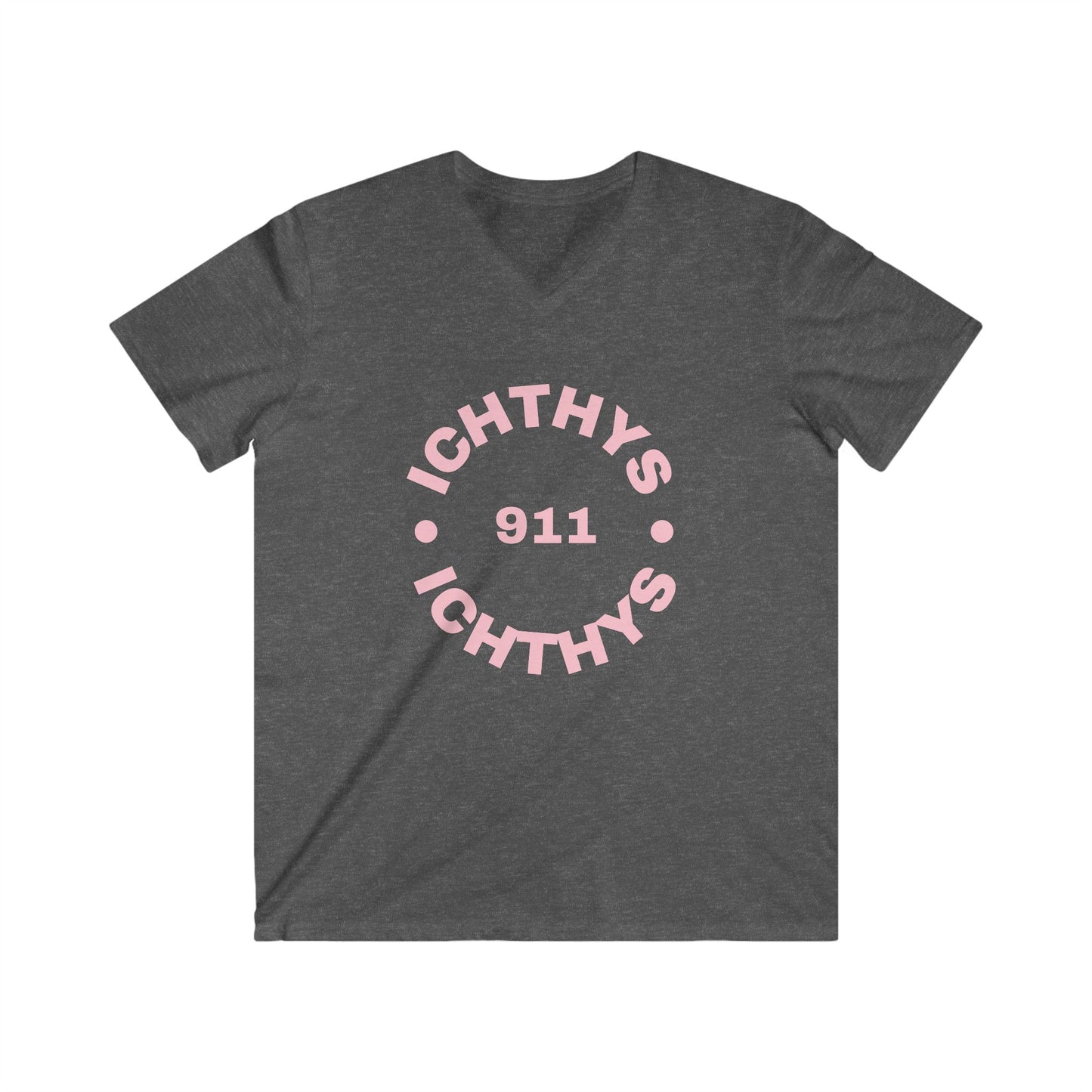 ICHTHYS 911 - Authentic Round Collection - Men's Fitted V-Neck Short Sleeve T - Shirt - Faith-Inspired - Christian Faith - Pink Font