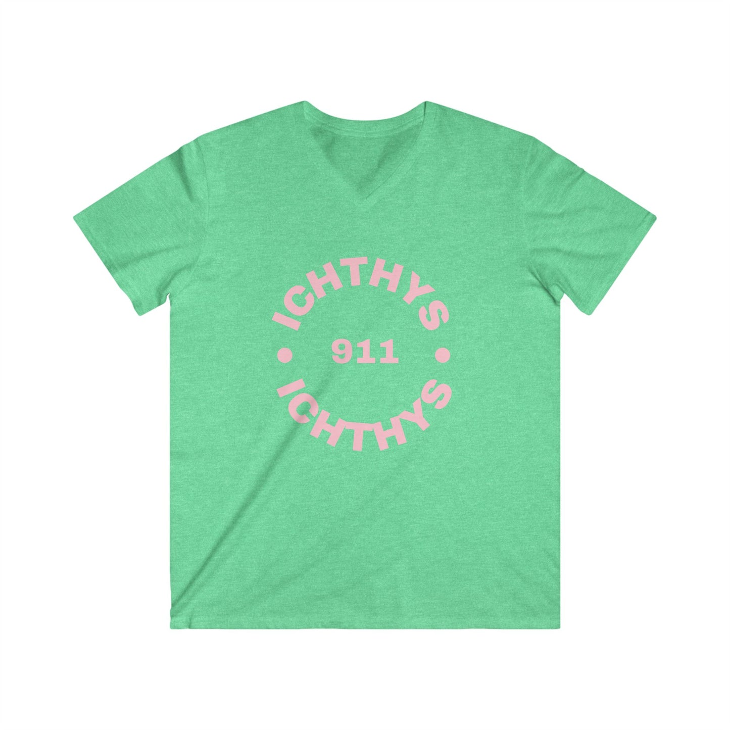 ICHTHYS 911 - Authentic Round Collection - Men's Fitted V-Neck Short Sleeve T - Shirt - Faith-Inspired - Christian Faith - Pink Font