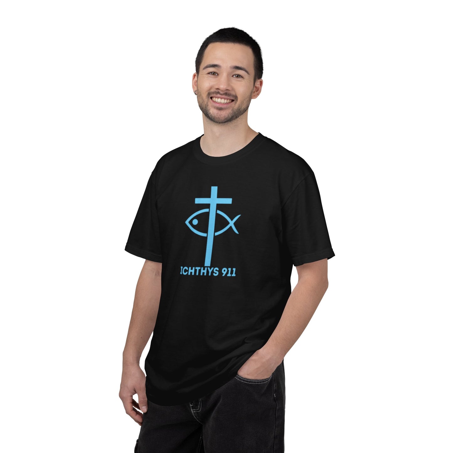 Authentic - Christian Streetwear T-Shirt – Jesus Gym & Faith Fashion, Unisex Garment-Dyed T-Shirt Blue Font - ICHTHYS 911