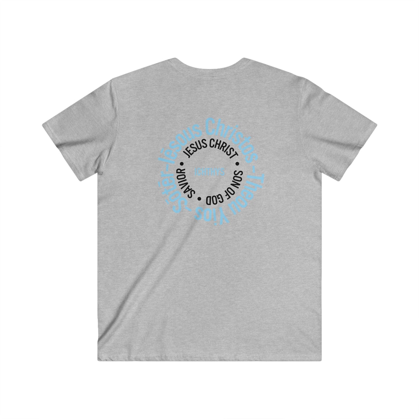Iēsous Christos, Theou Yios, Sōtēr Collection - Blue Font - Men's Fitted V-Neck Short Sleeve T - Shirt - Faith-Inspired - Christian Faith - ICHTHYS 911