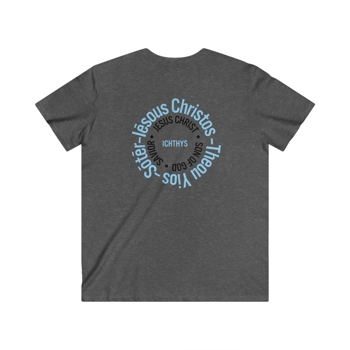 Iēsous Christos, Theou Yios, Sōtēr Collection - Blue Font - Men's Fitted V-Neck Short Sleeve T - Shirt - Faith-Inspired - Christian Faith - ICHTHYS 911