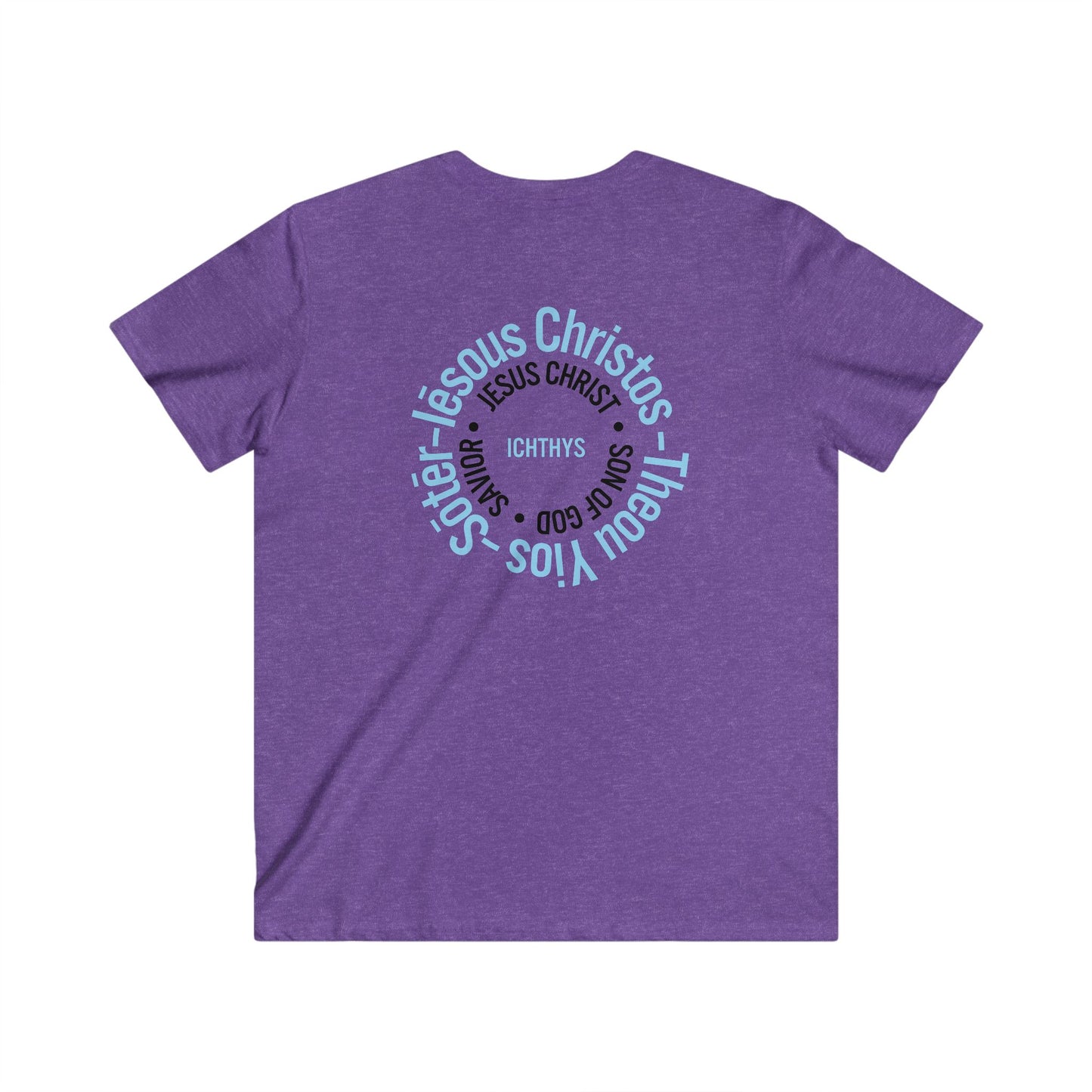 Iēsous Christos, Theou Yios, Sōtēr Collection - Blue Font - Men's Fitted V-Neck Short Sleeve T - Shirt - Faith-Inspired - Christian Faith - ICHTHYS 911