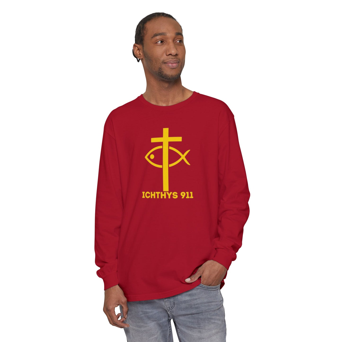 Authentic ICHTHYS 911 Collection -  Gold Font - Unisex Garment Dyed Long Sleeve T-Shirt - Men Long Sleeve - Women Long Sleeve - Christian Faith Symbol Tee - Faith Inspired