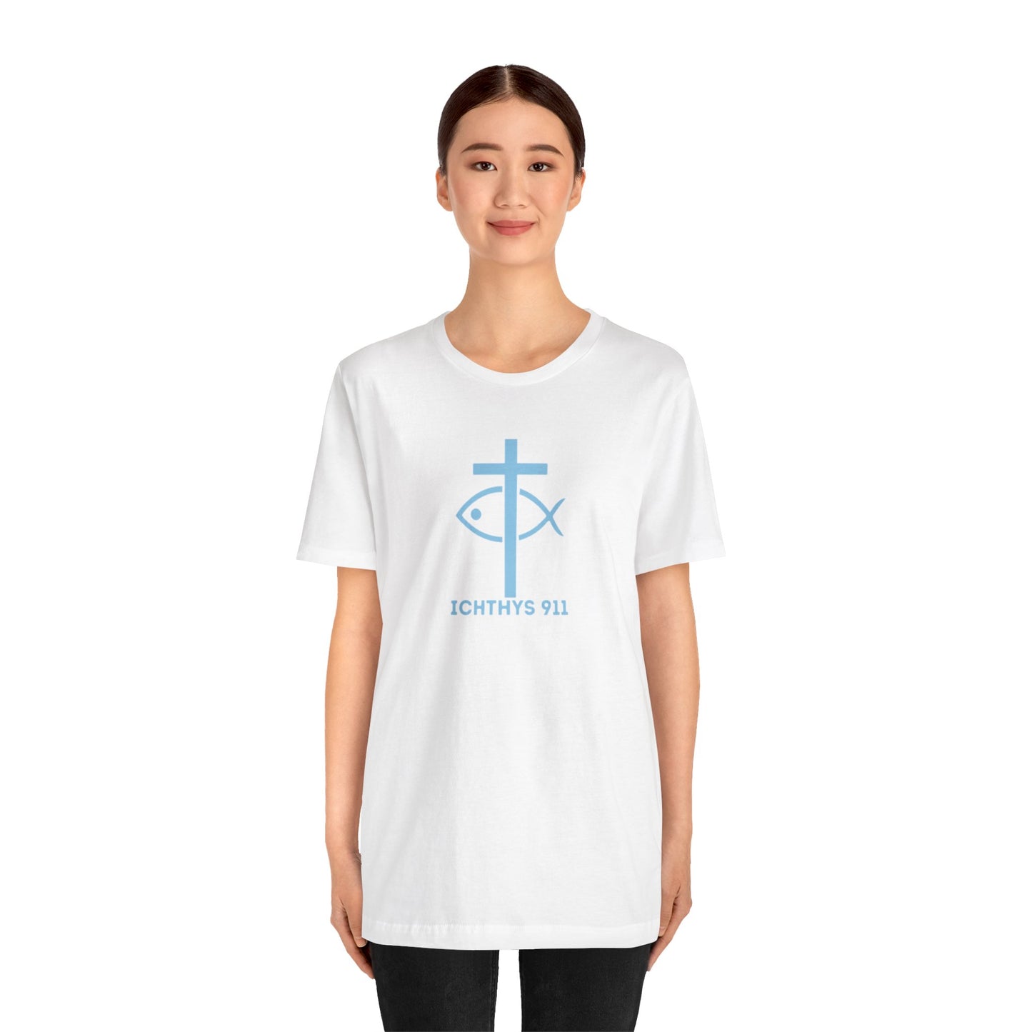 ICHTHYS 911 - "Roll With God Ride With Jesus" - Blue Font - Unisex T- Shirt - Lightweight 100% Cotton - Summer T - Arm Form Fitting - Men T- Shirt - Women T-Shirt - Christian T-Shirt - Love Like Jesus