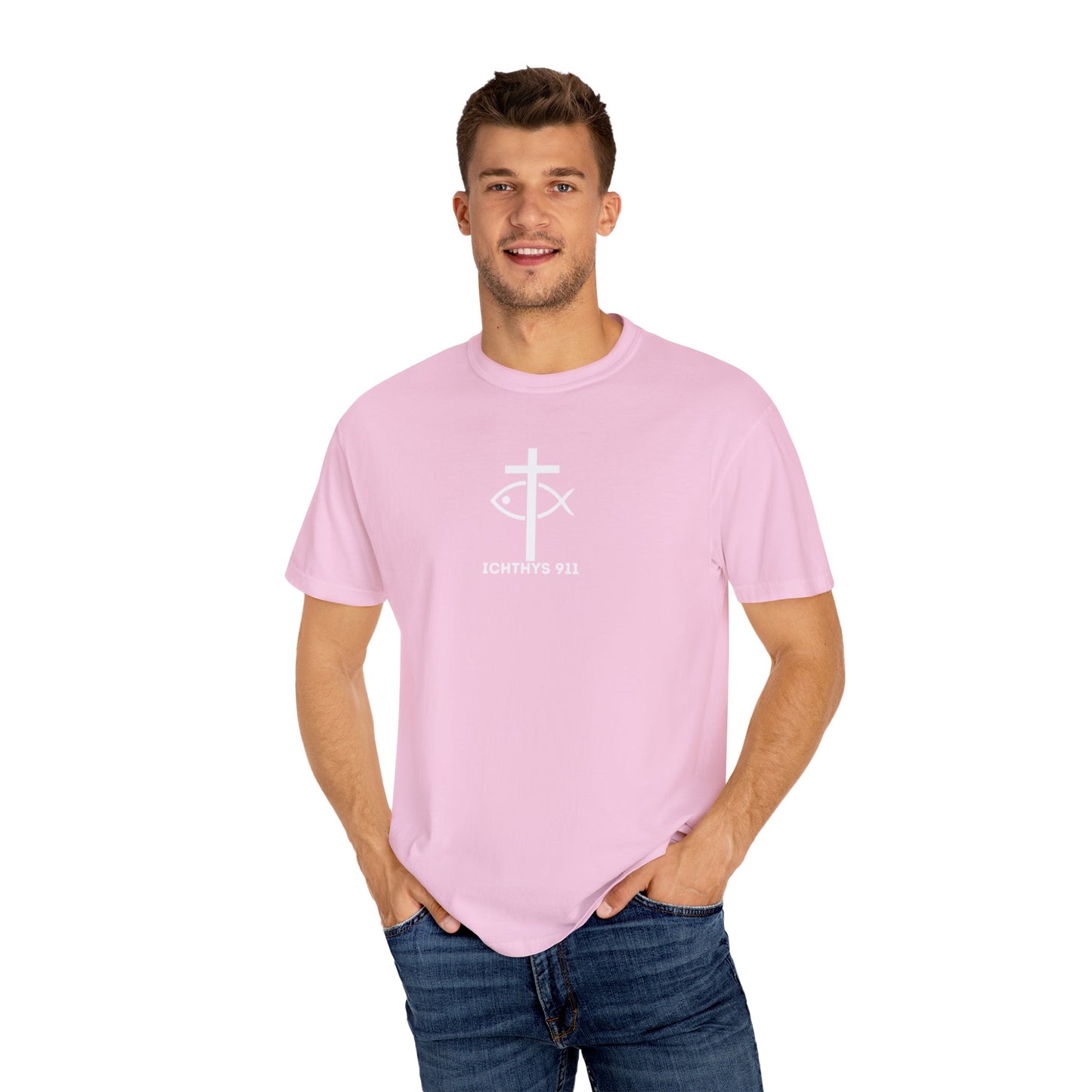 ICHTHYS 911 - White Font "Authentic" - Unisex - Men T-Shirt - Women T-Shirt - Christian Streetwear T-Shirt - Jesus Gym & Faith Fashion, Unisex Garment-Dyed T-Shirt