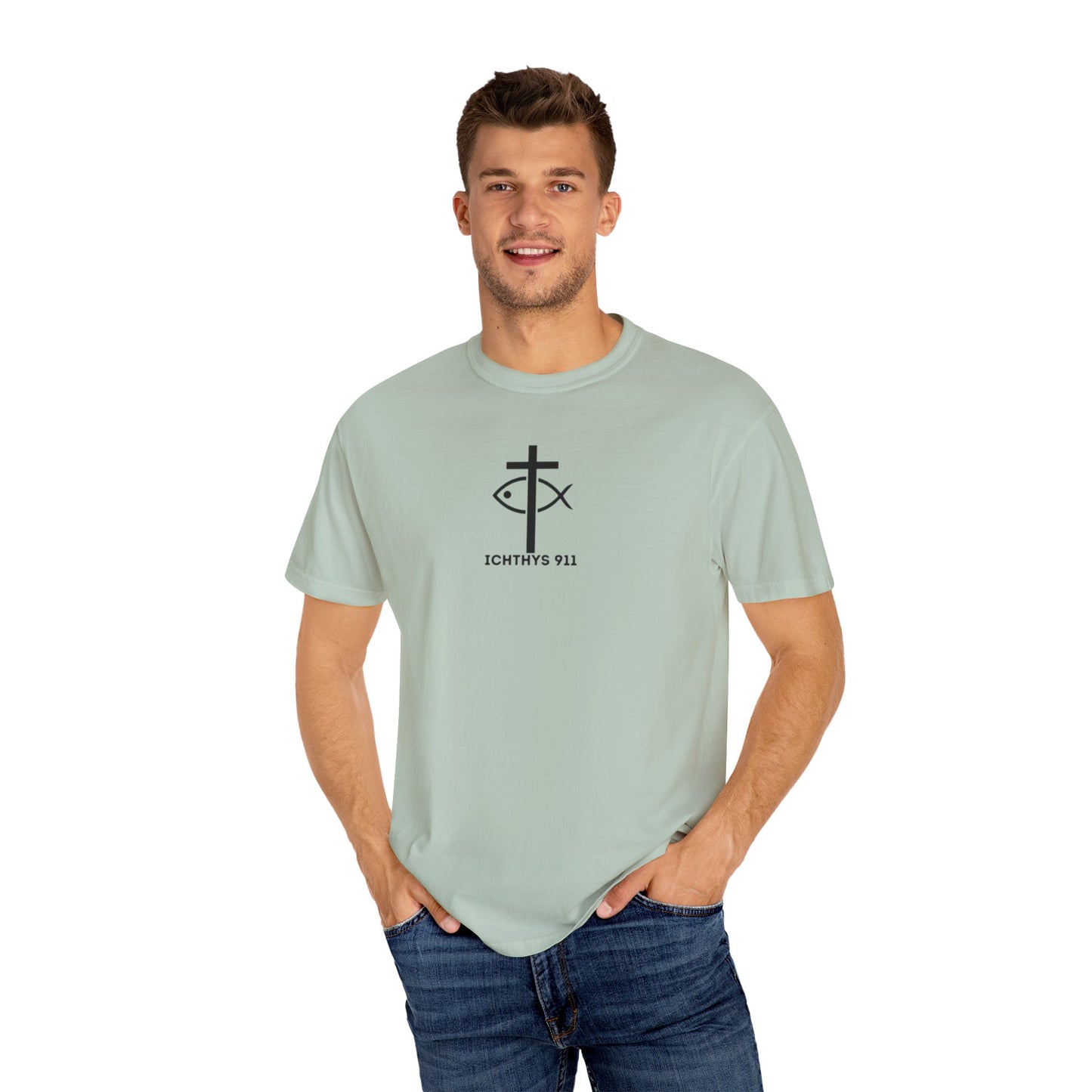 ICHTHYS 911 Black Font - "Run With Endurance Hebrews 12:1" - Unisex Garment Dyed T-Shirt -100% US Cotton - Men T-Shirt - Women T-Shirt - Bible Verse - Christian Faith - Christian Workout