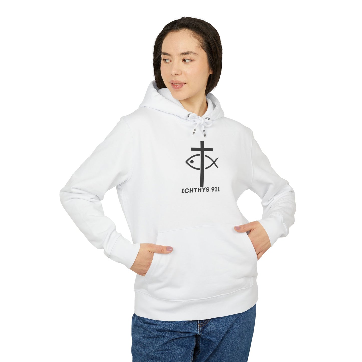 ICHTHYS 911 Hoodie – Unisex Pullover -White Font - Black Font on White - Heavy Fabric - ICHTHYS 911 Logo on Front & Back - 100% Organic