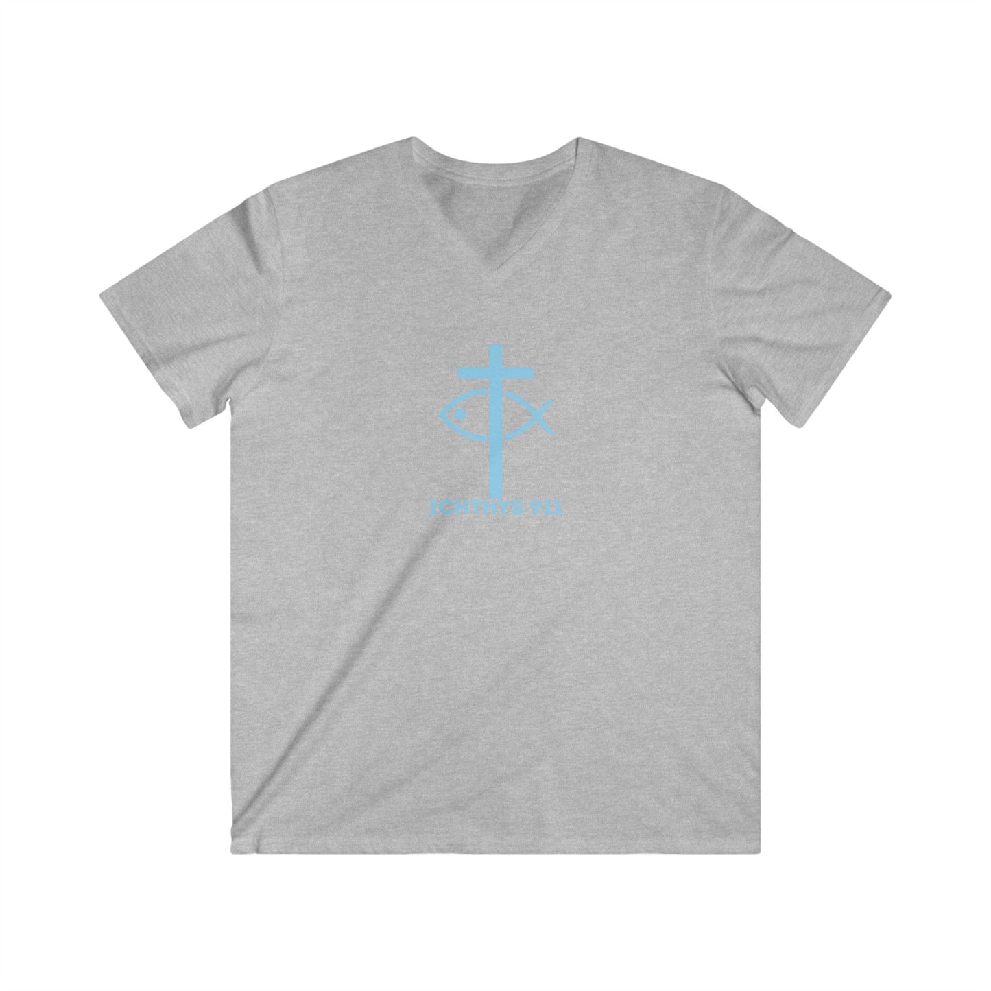 Iēsous Christos, Theou Yios, Sōtēr - Blue Font - Men's Fitted V-Neck Tee with Inspirational Design - Perfect for Faith and Casual Wear,  ICHTHYS 911, Faith T-Shirt