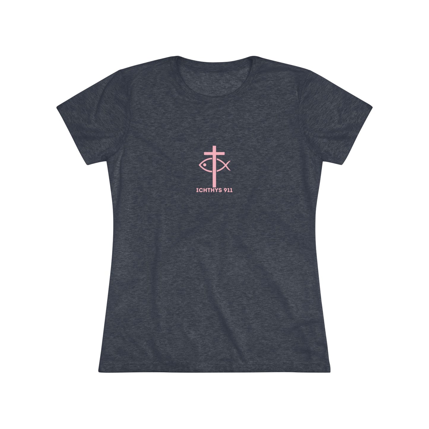 ICHTHYS 911 "IC Round Collection" Pink Font - Inspirational Women's Triblend Tee - Women T-Shirt - 50% polyester, 25% cotton, 25% ryaon