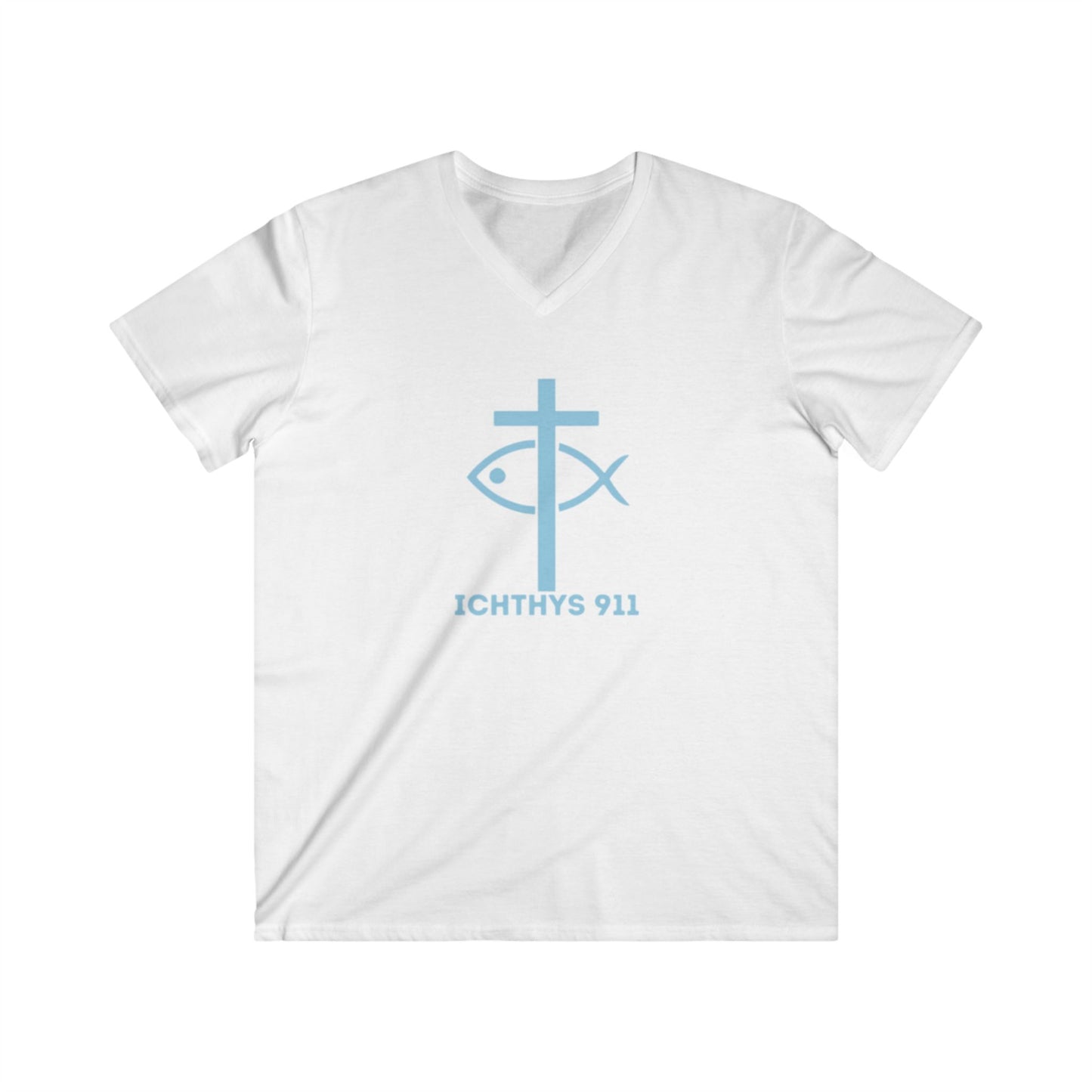 ICHTHYS 911 - Blue Font "Authentic" Collection - Men's Fitted V-Neck Short Sleeve T - Shirt - W/O IC 911 on Back - Faith-Inspired - Christian Faith -