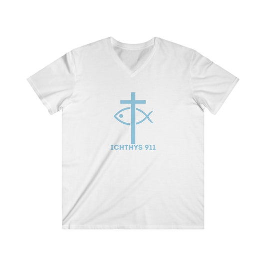 ICHTHYS 911 - Blue Font "Authentic" Collection - Men's Fitted V-Neck Short Sleeve T - Shirt - W/O IC 911 on Back - Faith-Inspired - Christian Faith -